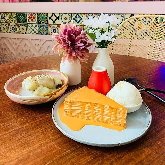Sweet treats after a nice meal. Why not?It&rsquo;s the weekend! Try our sweet sticky rice cake with taro/banana or Thai crepe cake topped with Thai tea sauce! 
____

Remember to stay safe and see us if you can! Otherwise you&rsquo;re able to order fr