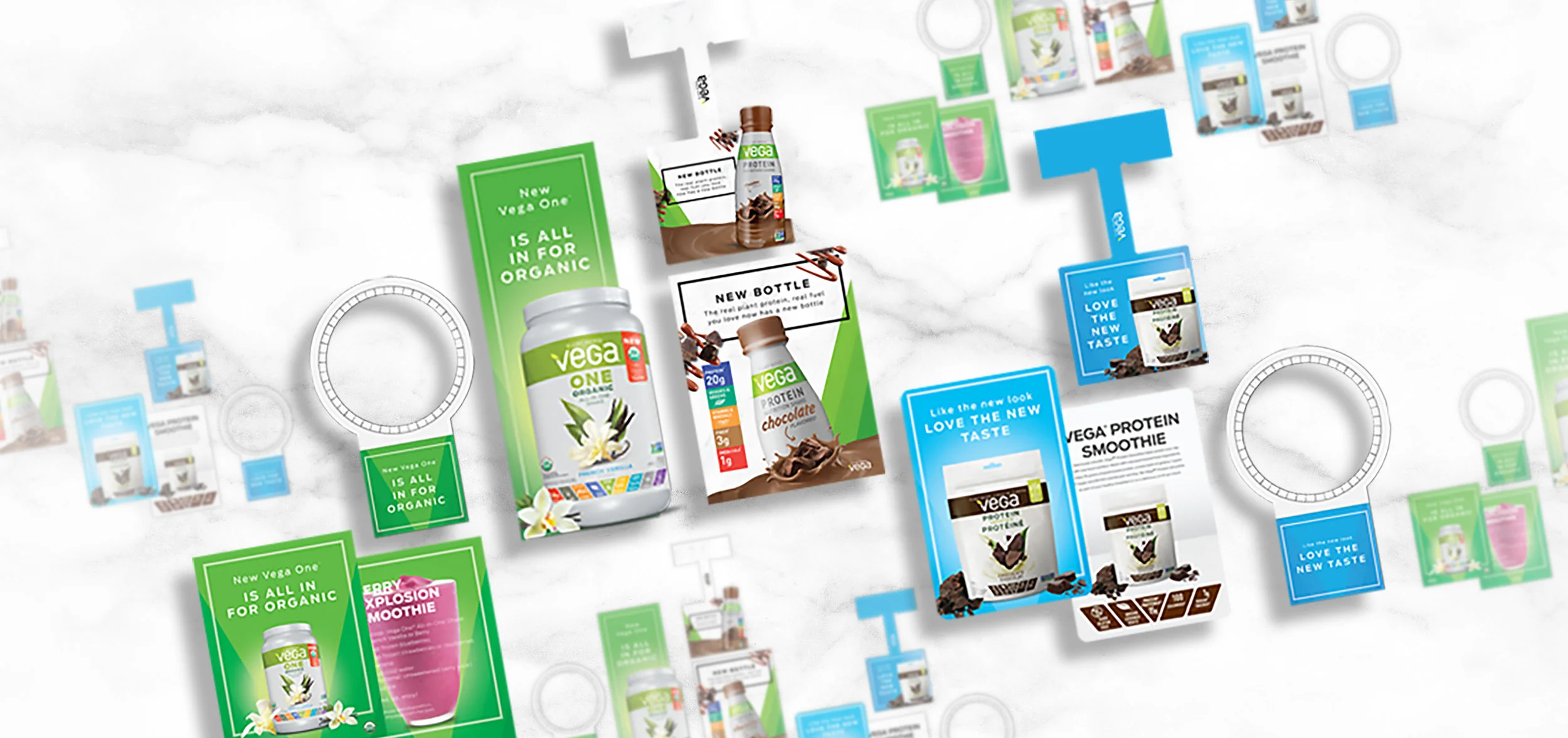  Custom Shelf wobblers, tub danglers, aisle blades, coupons, recipe cards, and other original print collateral designed for #1 plant-based nutrition company, Vega. 