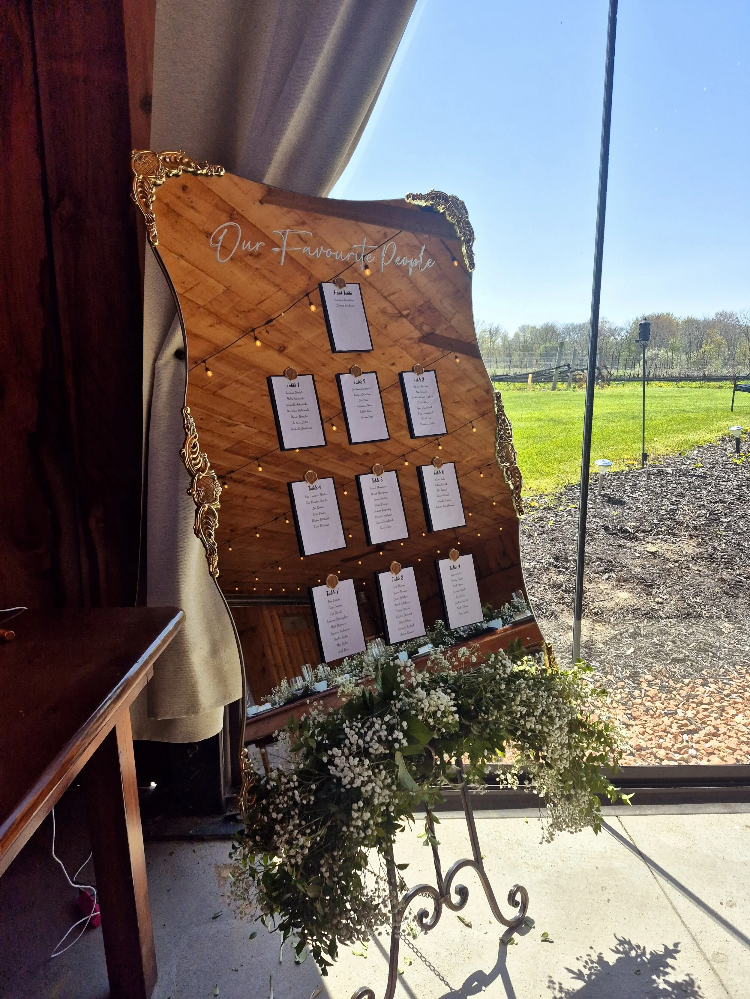 Mirror seating chart at Calamus Winery