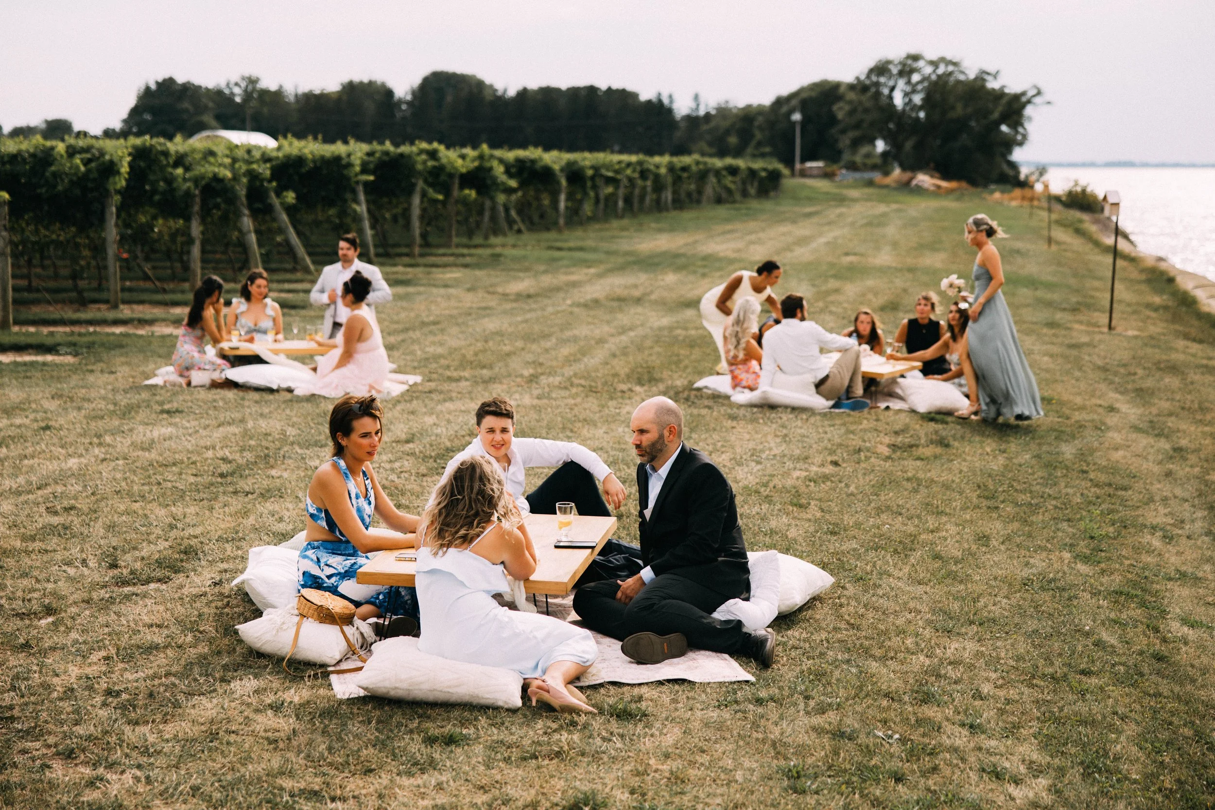 Picnic tables for cocktail hour overlooking the vineyard and Lake Ontario at Konzelmann Winery
  Photo by Young Glass Photography