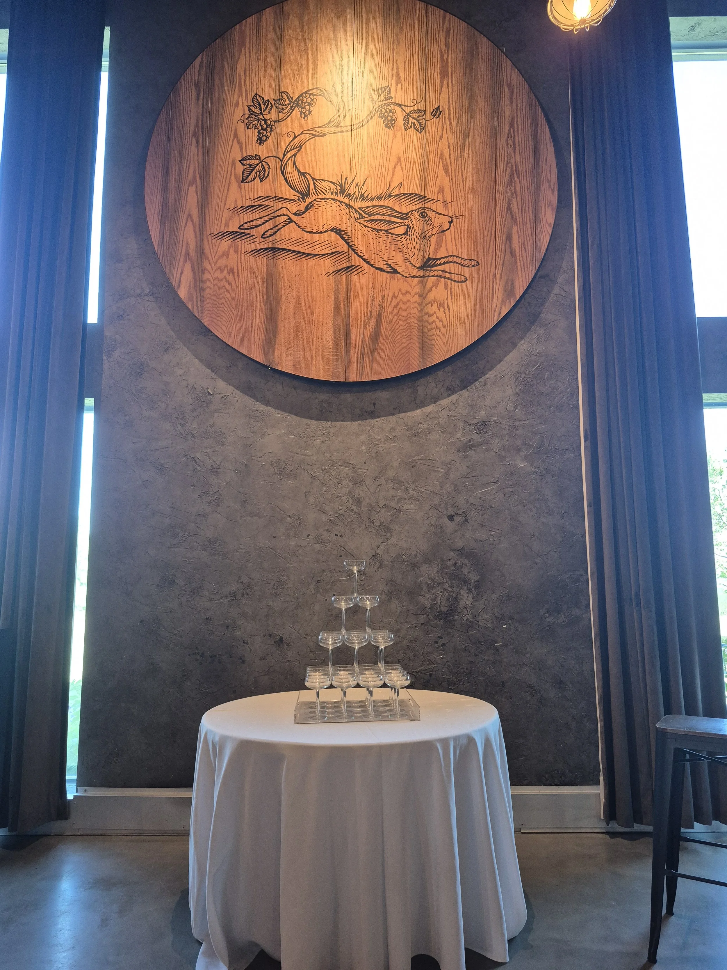 Champagne Tower in the Barrel Room, ready for when the party is moved indoors