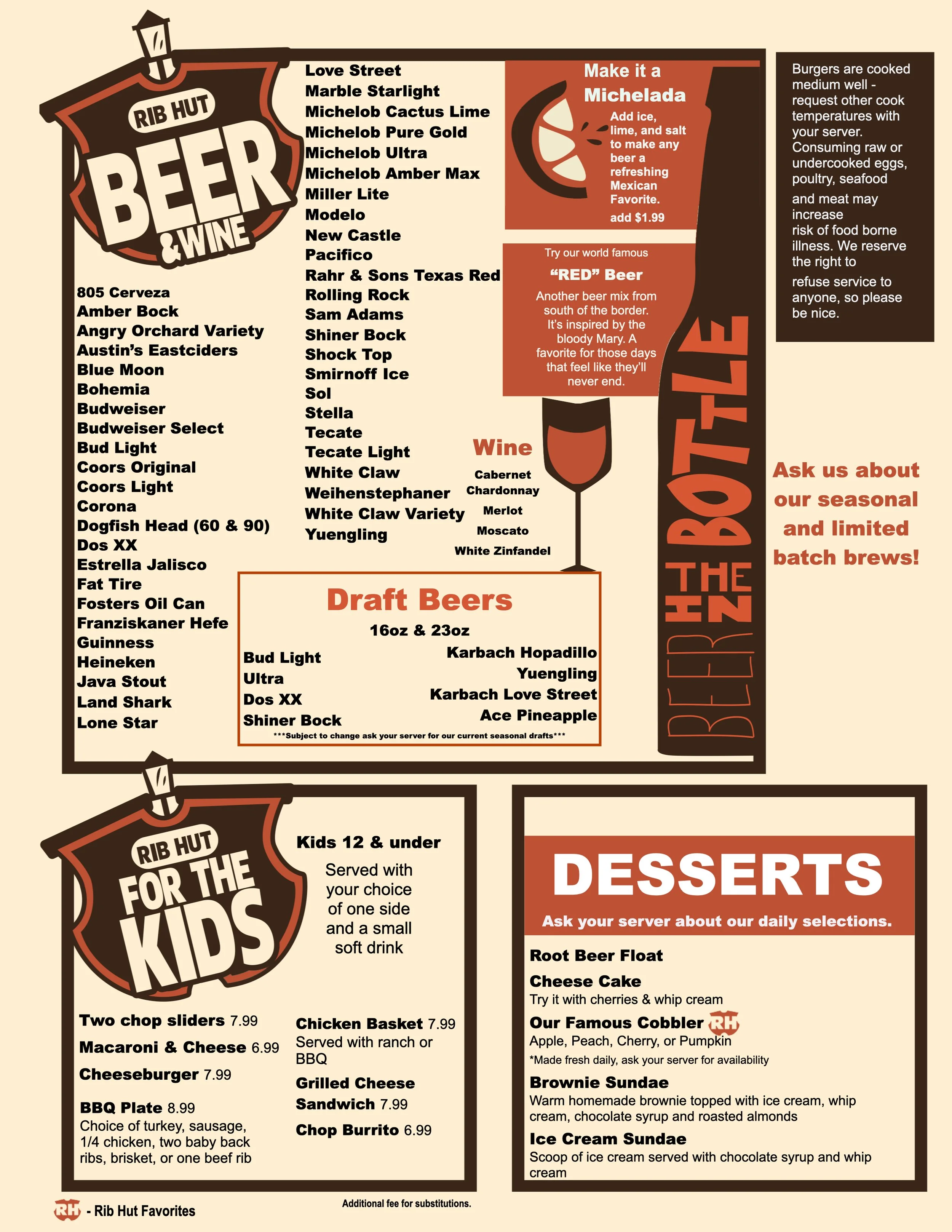 Rib Hut West Menu — Rib Hut