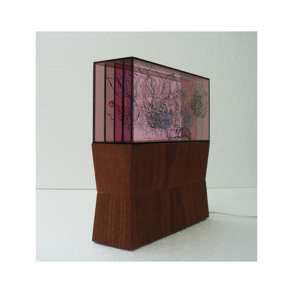 23_Luminous 3 Pink_5 layers of painted and fired glass with LED light panel and wooden pedestal_27cm x 13 cm x 8cm_plinth 27 cm x 15 cm x 8 cm_2013.jpg