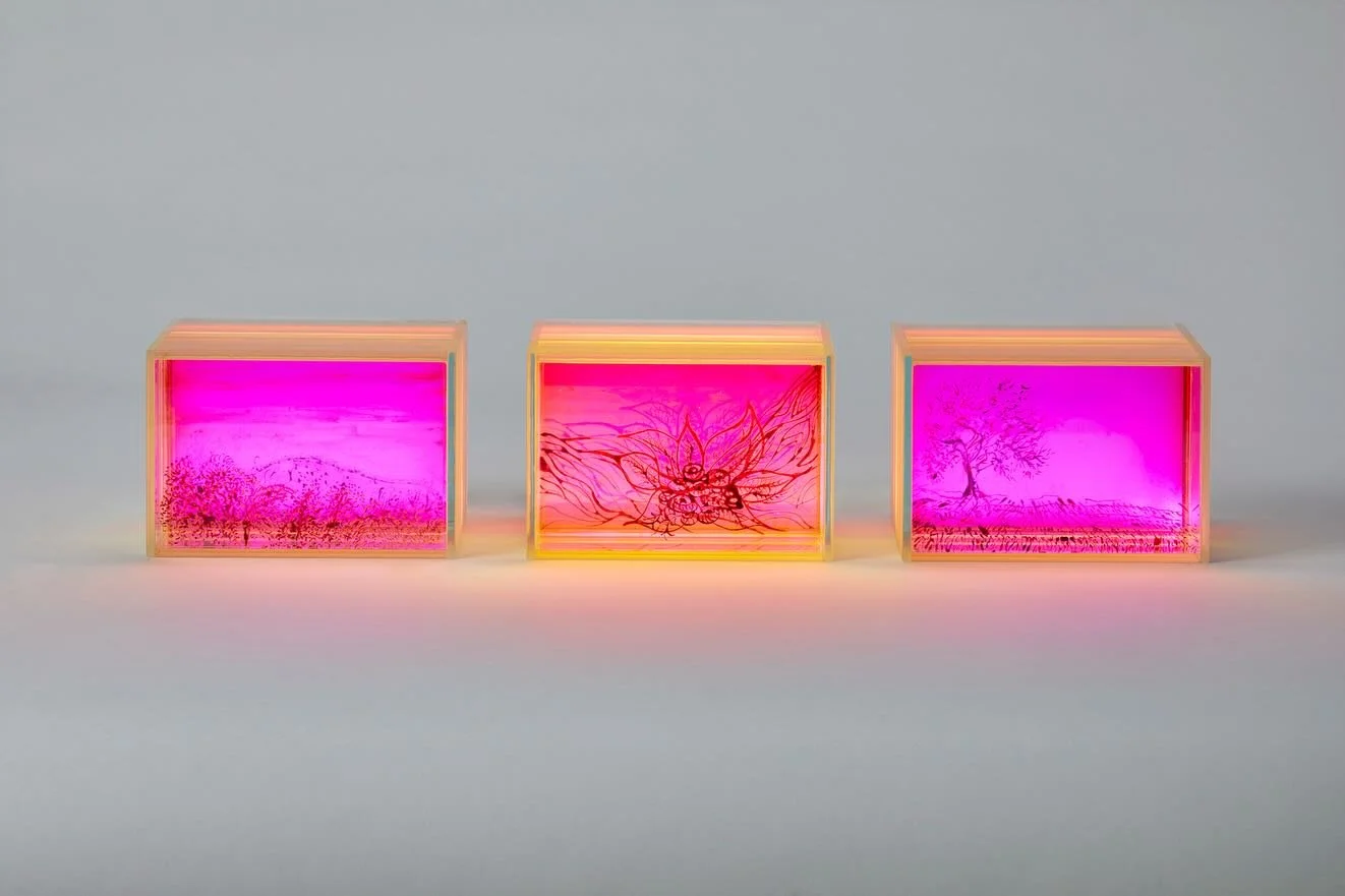 &ldquo;Spectroscopic Continuum
 #17, #18 &amp; #19&rdquo;
These 3 pieces are made using stained glass enamels on glass which is then fired around 545 degrees Celsius and the set in sandblasted glass. The lighting is made using detachable LED light pa