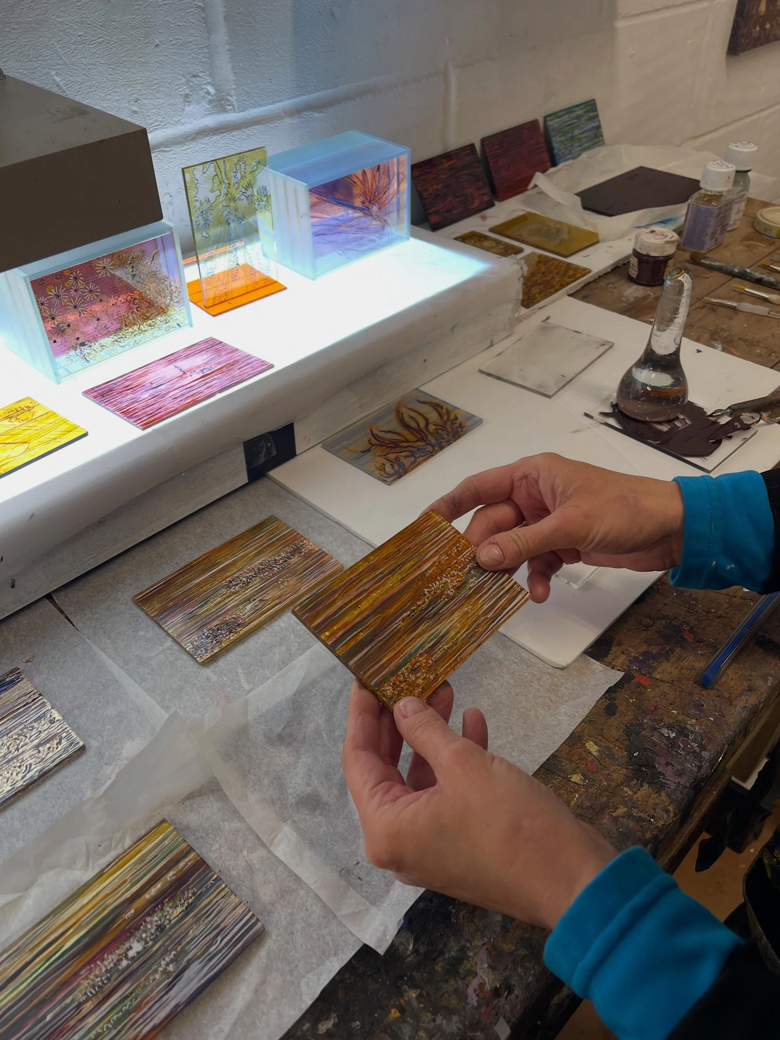 Getting ready for @cockpitstudios opening June 4 th in Bloomsbury.
Lots of new glass pieces and can&rsquo;t wait to show you when they are all finished!
Hinterglasmalerei, stained glass &amp; glass light sculptures.
Need tickets?
Please DM I have a f