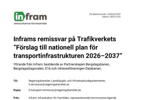 Inframs remissvar på Trafikverkets ”Förslag till nationell plan för transportinfrastrukturen 2026–2037”