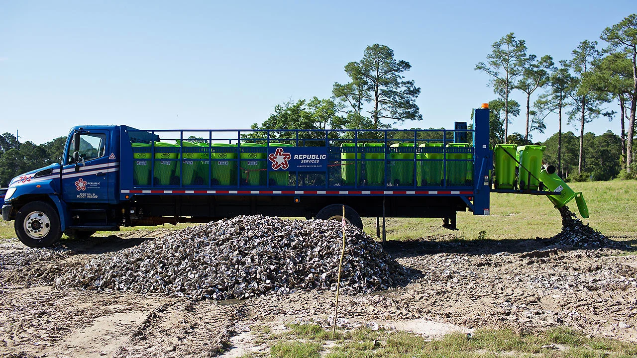 The end result: Massive shell piles. Land is needed to cure the shell so that it can be used as "cultch" or substrate for the creation of new oyster reefs. 