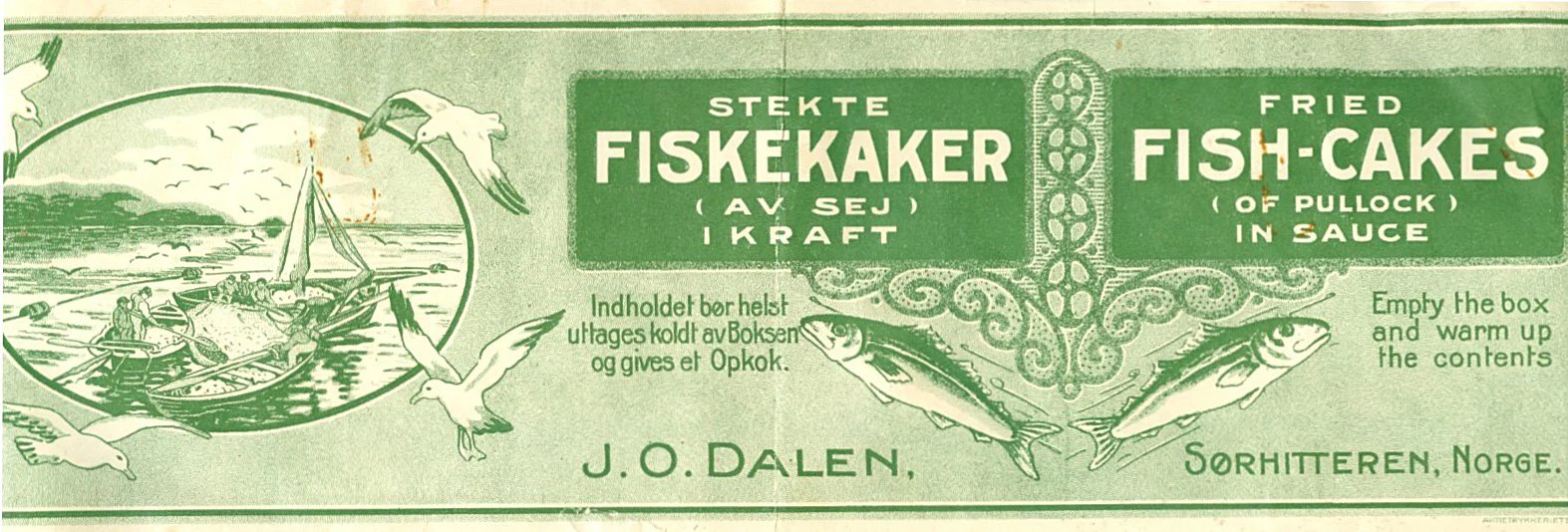 Etikett: Fra fiskekaker produsert på fabrikken til Johan O Dalen. I tillegg til fiskekaker, produserte også Dalen krabbehermetikk. Johan O Dalen var en av de tidligste til å begynne med krabbehermetikk på Hitra og Frøya. Utlånt av Anne Johanne Dalen Stensø