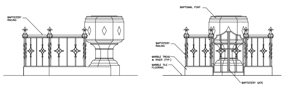 An elevation of the baptismal font. It will be surrounded by a wrought-iron gate. (click to enlarge)