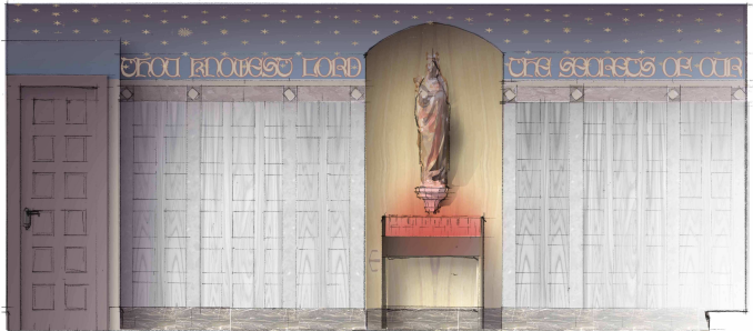 A color elevation of the crypt chapel wall. The concept of the columbarium is marble with a barrel ceiling. (click to enlarge)