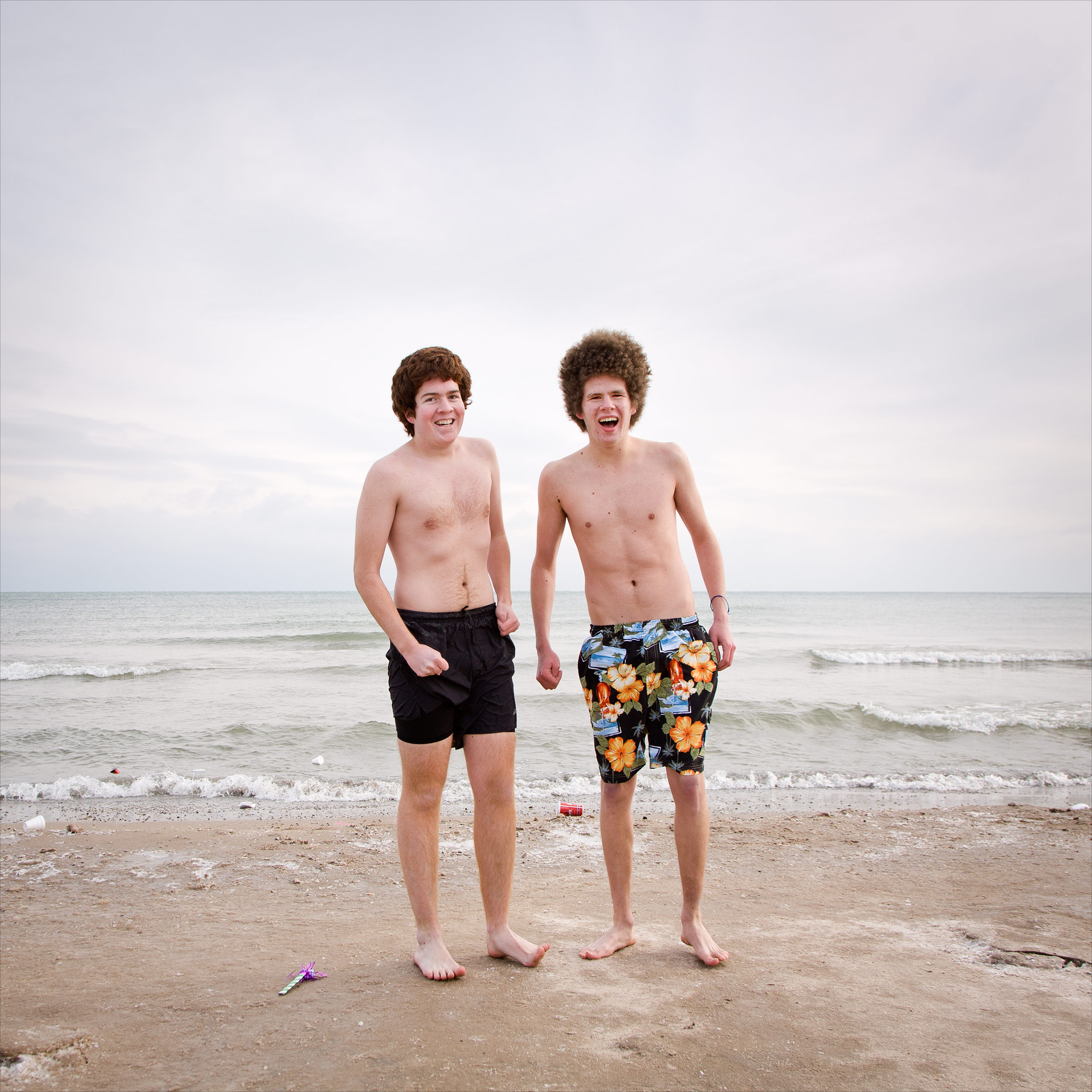 Polar Bear Plunge participants, in zero degree weather on the shore of Lake Michigan
