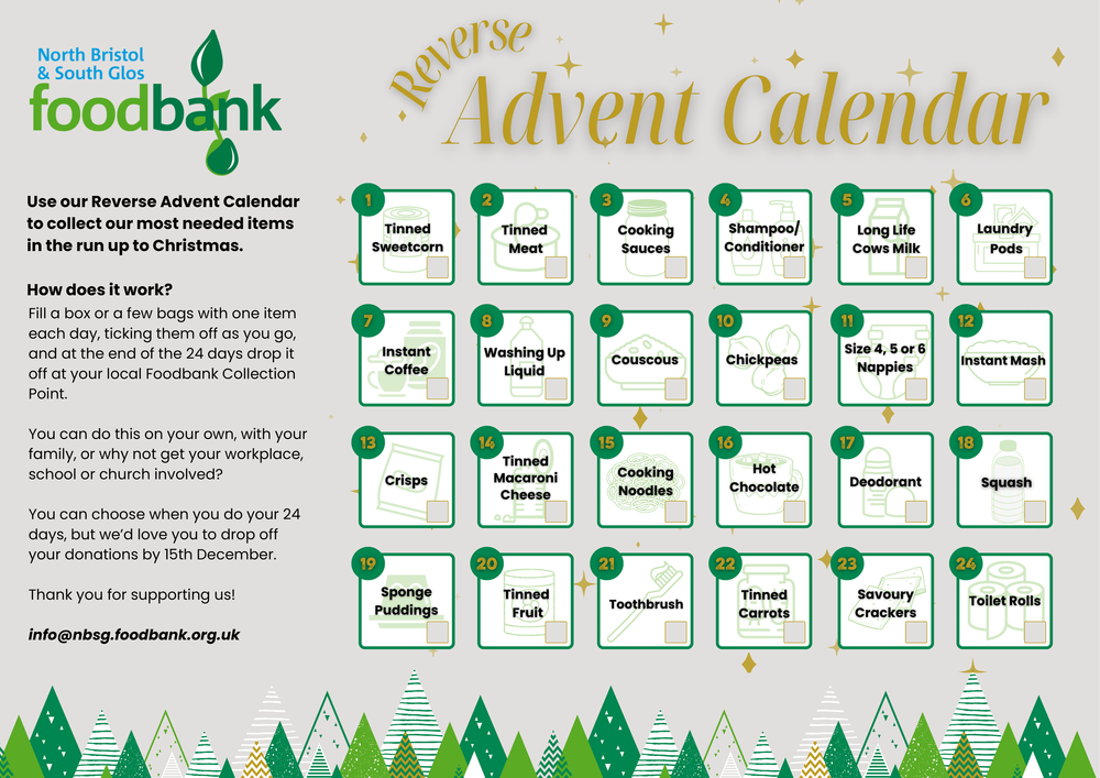 Reverse Advent Calendar Items needed for the foodbank this Christmas