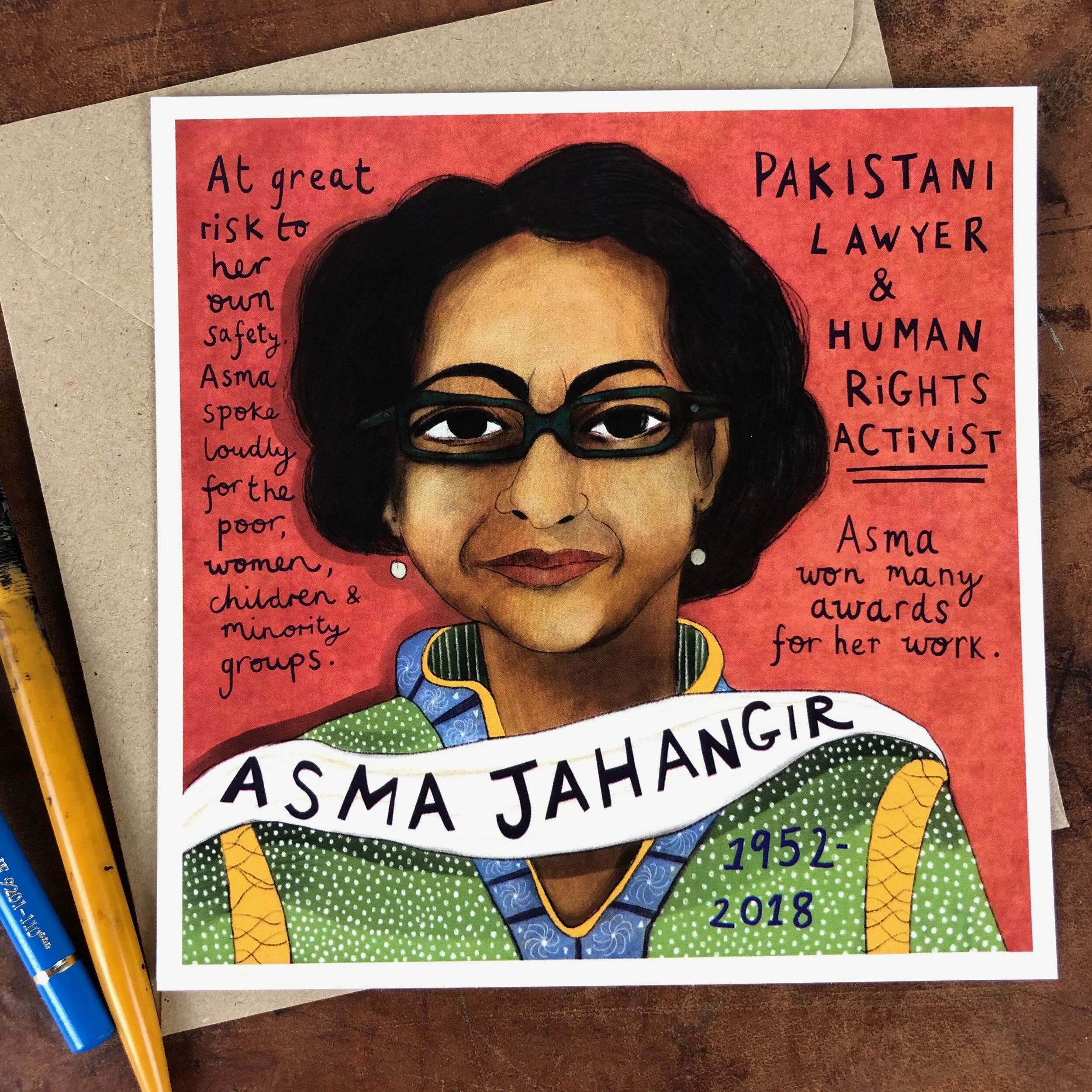 Have You Heard Of... Asma Jahangir - postcard and envelope