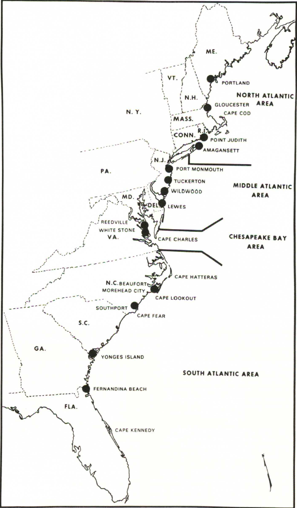 Locations of menhaden reduction plants in 1955 (dots) and the areas for which statistics on catch and biology were compiled.” From: Reintjes, J. W. (1969) Synopsis of Biological Data on the Atlantic Menhaden, Brevoortia tyannus. FAO Fisheries Synopsis No. 42 U. US Department of the Interior, US Fish and Wildlife Service, Bureau of Commercial Fisheries – Circular 320-1969