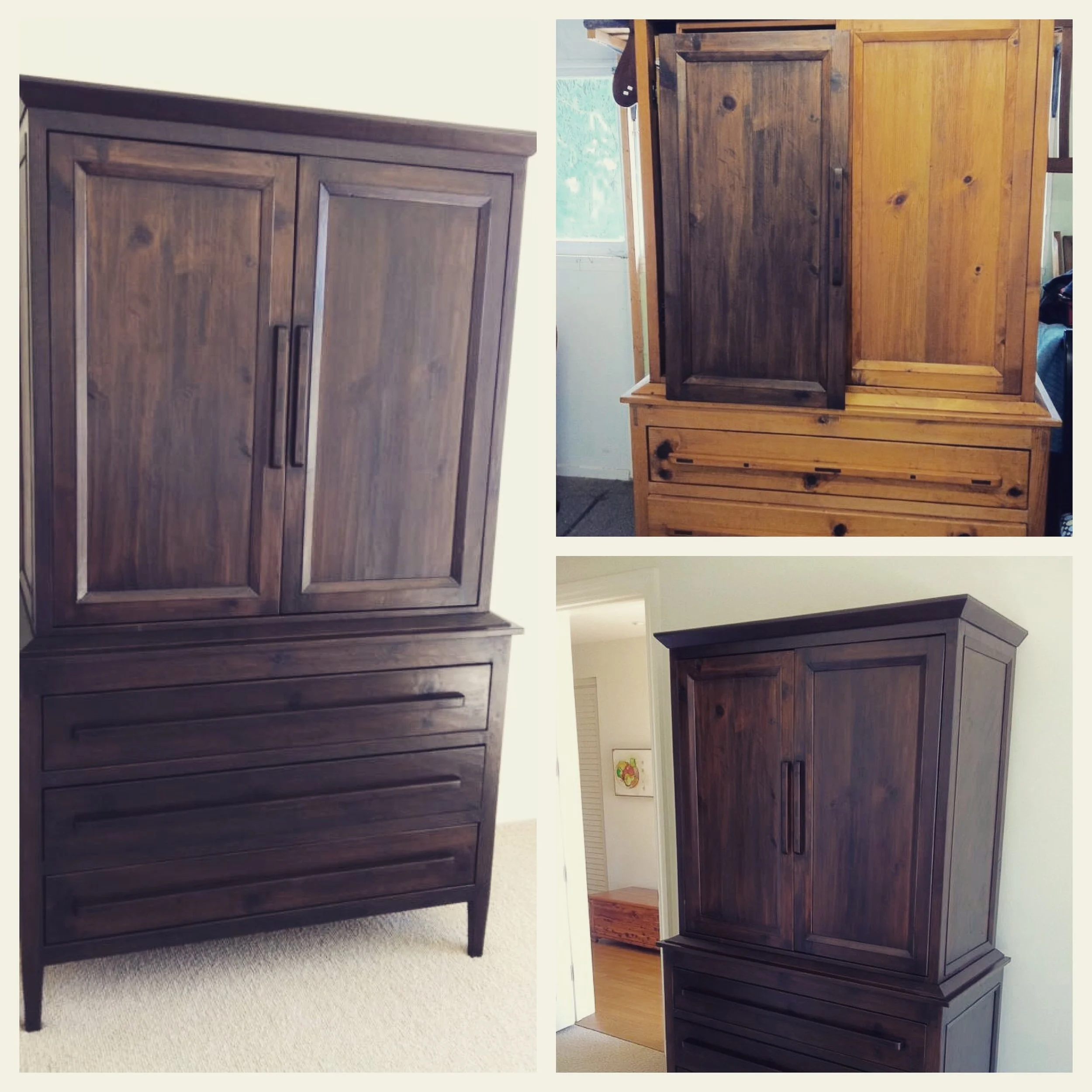 This pine armoire was completely stripped and refinished with a rich espresso stain, giving it a wonderful modern look.