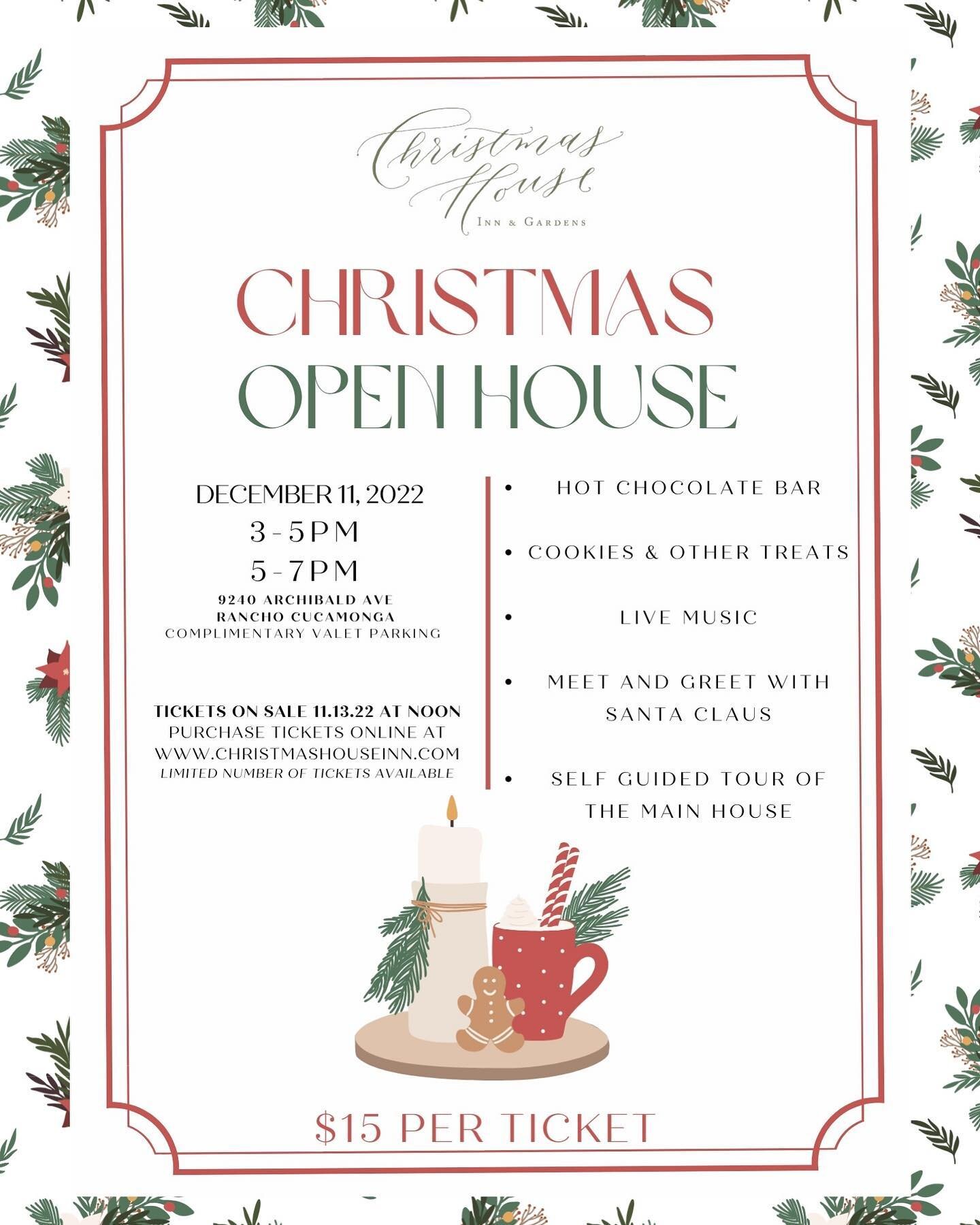 We are super excited to announce our 2022 Christmas Open House!! 
🎅🏻
Tickets go on sale this Sunday, November 13th at noon Pacific time and can be purchased on our website www.christmashouseinn.com 
Tickets are $15 and spaces are limited. 
🎄
We lo