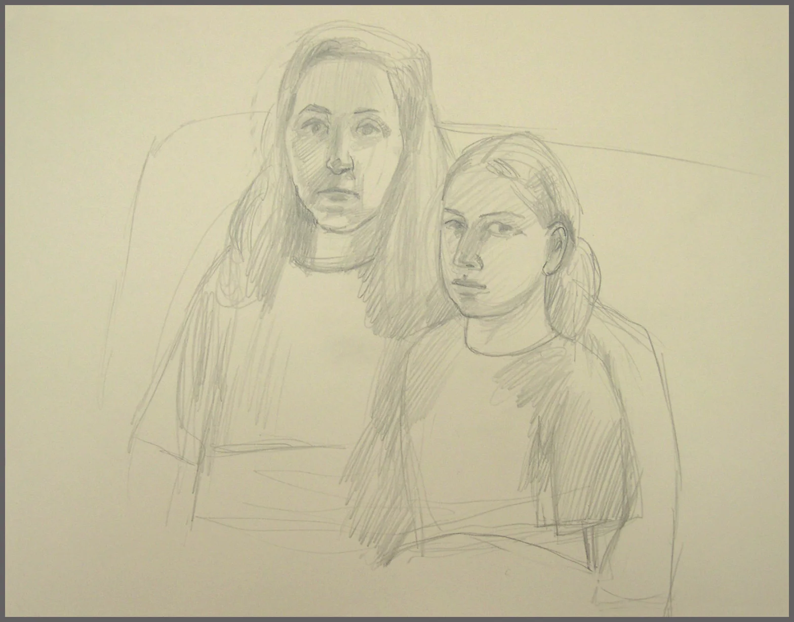Charlotte and Clara, pencil, 10 x 12.75 inches
