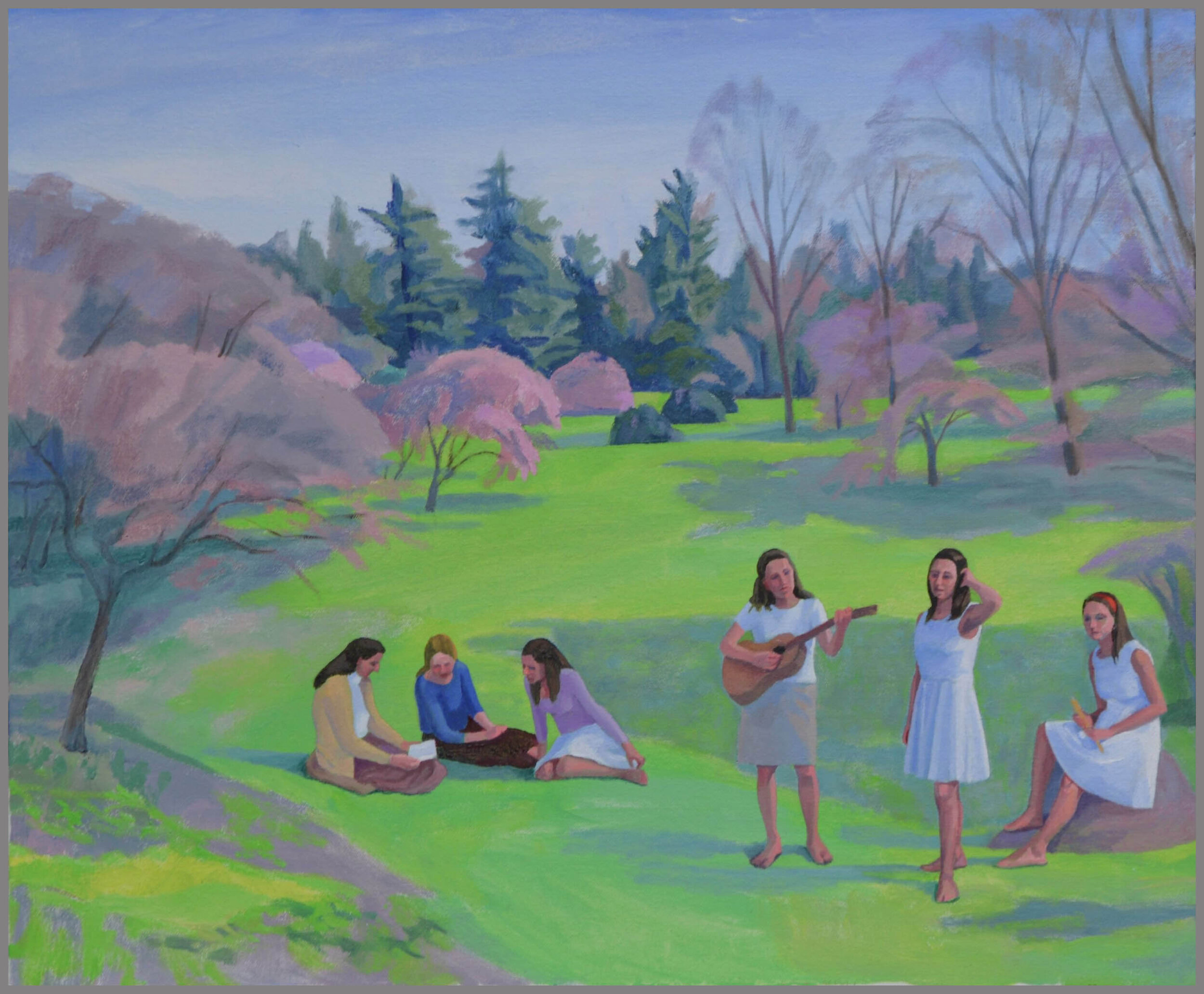 Three Readers and Three Graces-Early Spring, oil/canvas, 20 x 24 inches