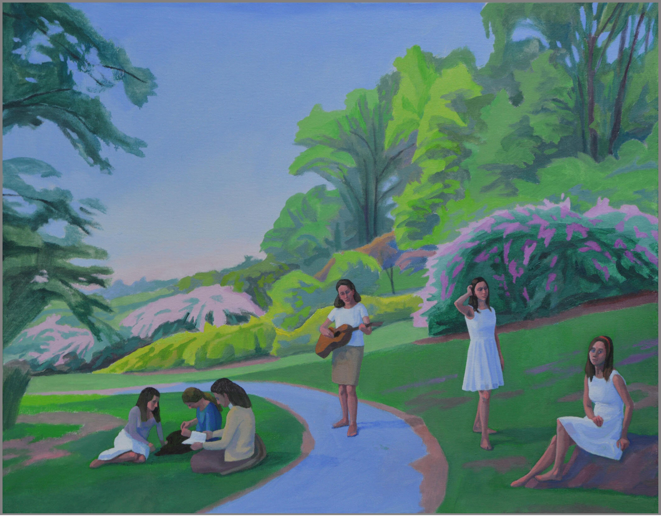 Three Readers and Three Graces-Spring, oil/canvas, 22 x 28 inches