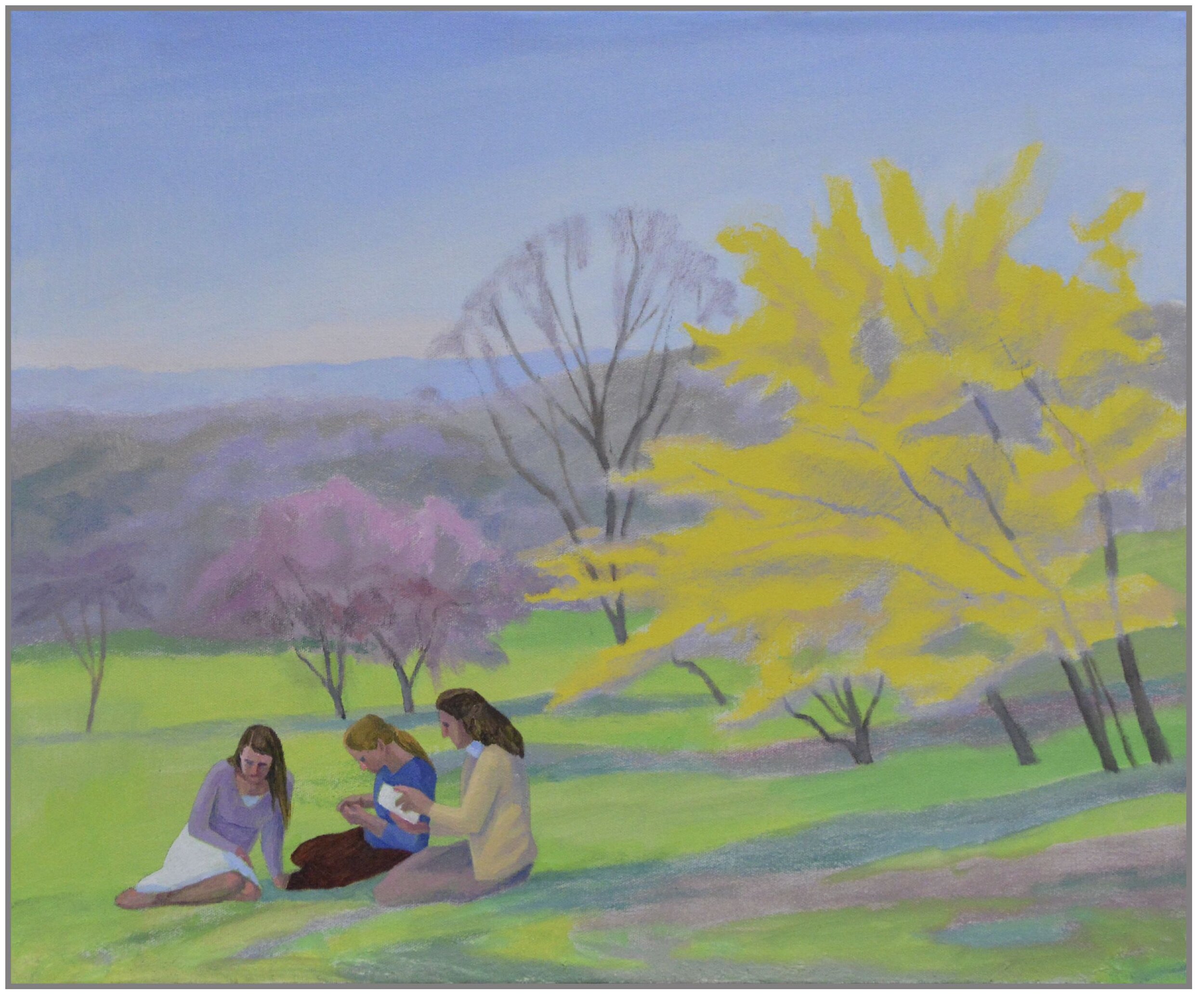 Three Readers with Forsythia, oil/canvas, 18 x 22 inches