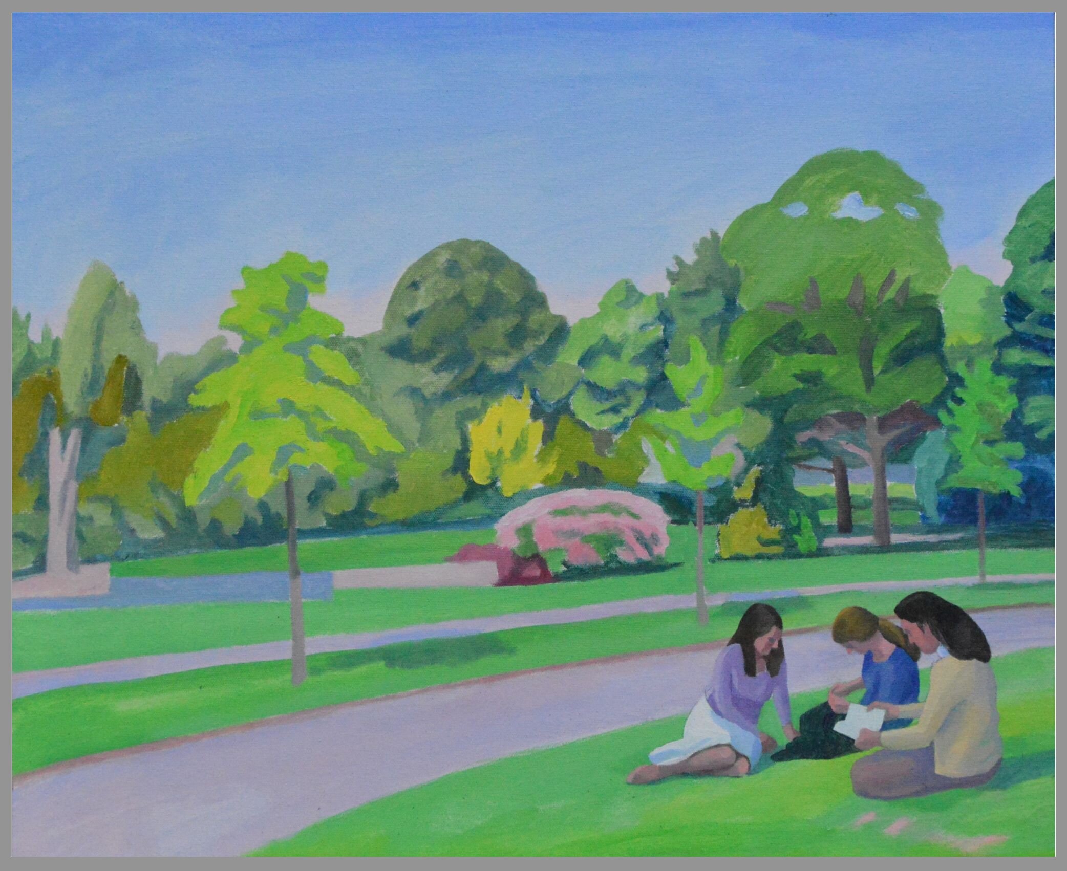 Three Readers by Highland Avenue, oil/canvas, 18 x 22 inches