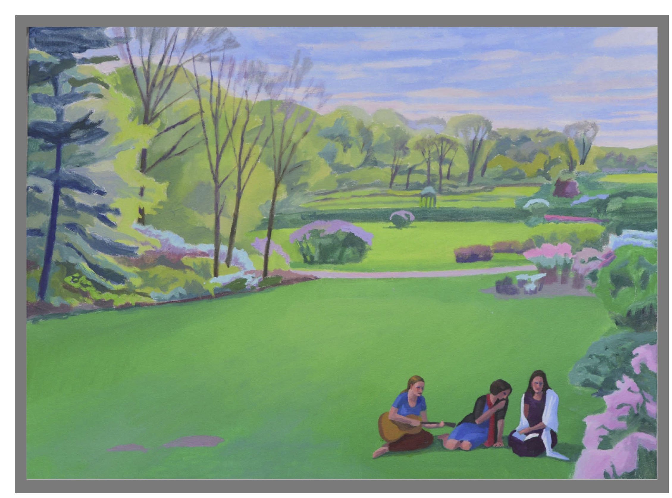 Three Readers in Bronx Botanic Gardens V, oil/canvas, 18 x 24 inches