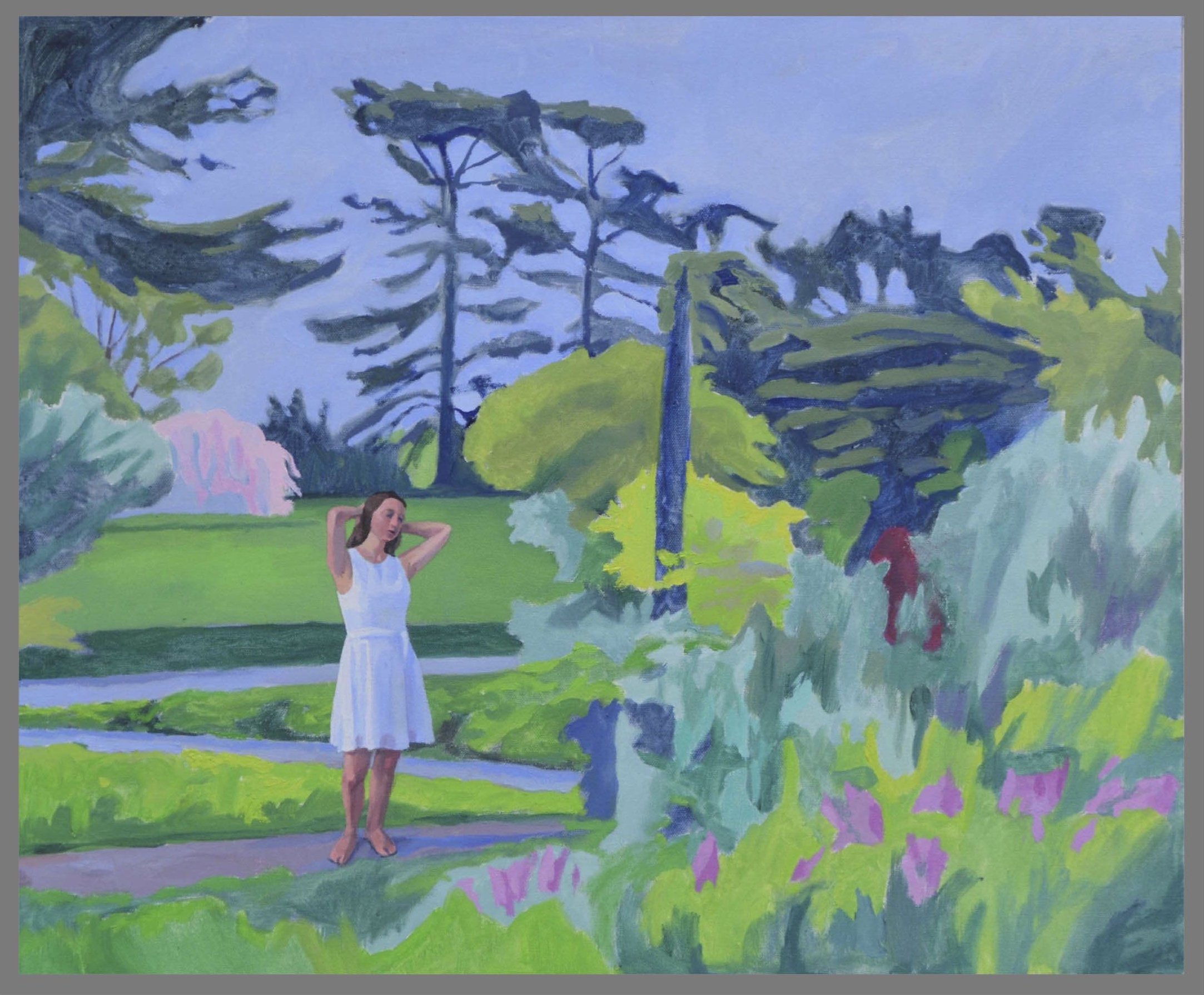 Figure with Arms Raised in Bronx Botanic garden, oil/canvas, 20 x 24 inches
