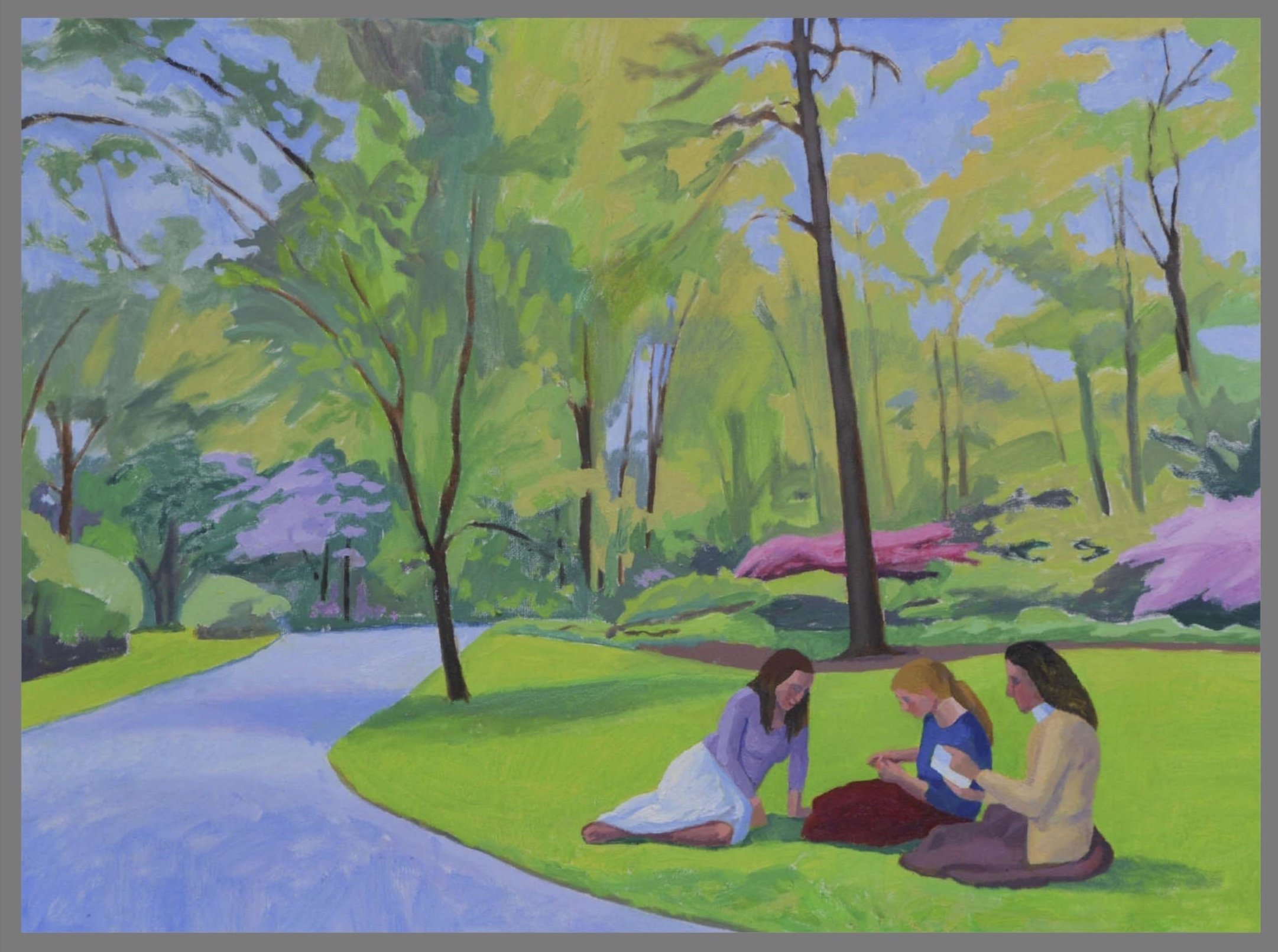 Three Readers in Bronx Botanic Gardens II, oil/canvas, 18 x 24 inches