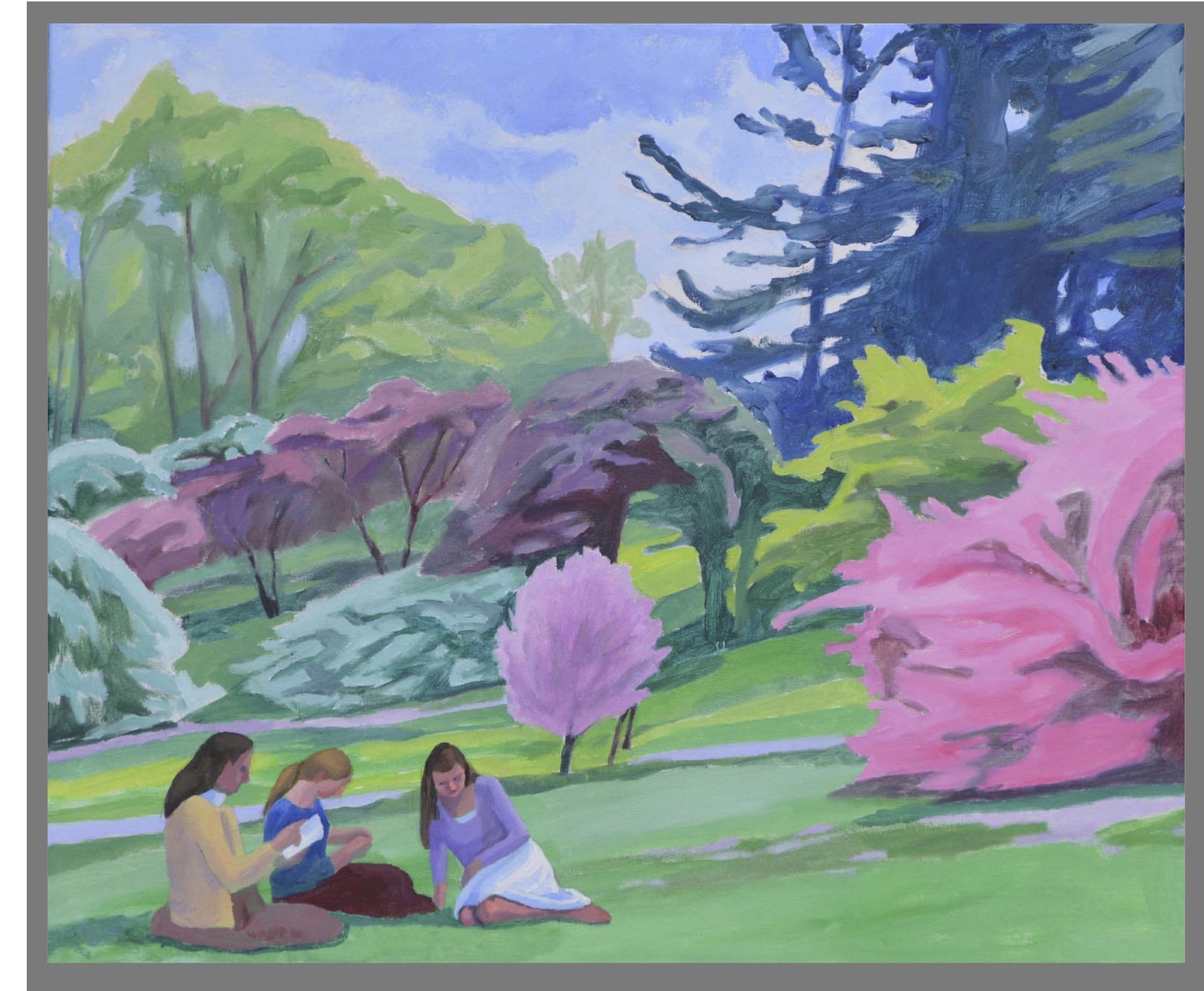 Three Readers in Bronx Botanic Gardens I, oil/canvas, 20 x 24 inches