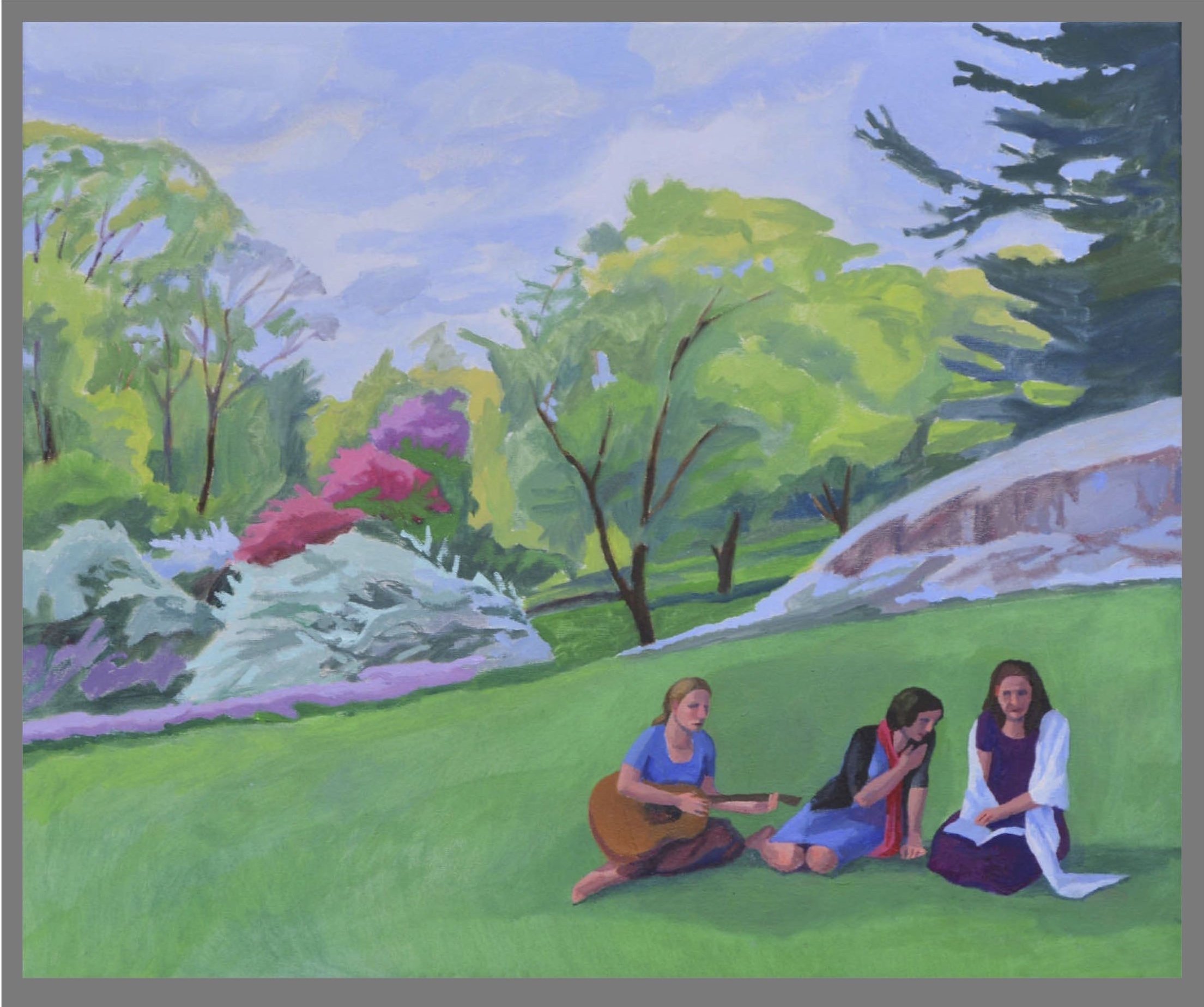 Three Readers in Bronx Botanic Gardens IV, oil/canvas, 20 x 24 inches