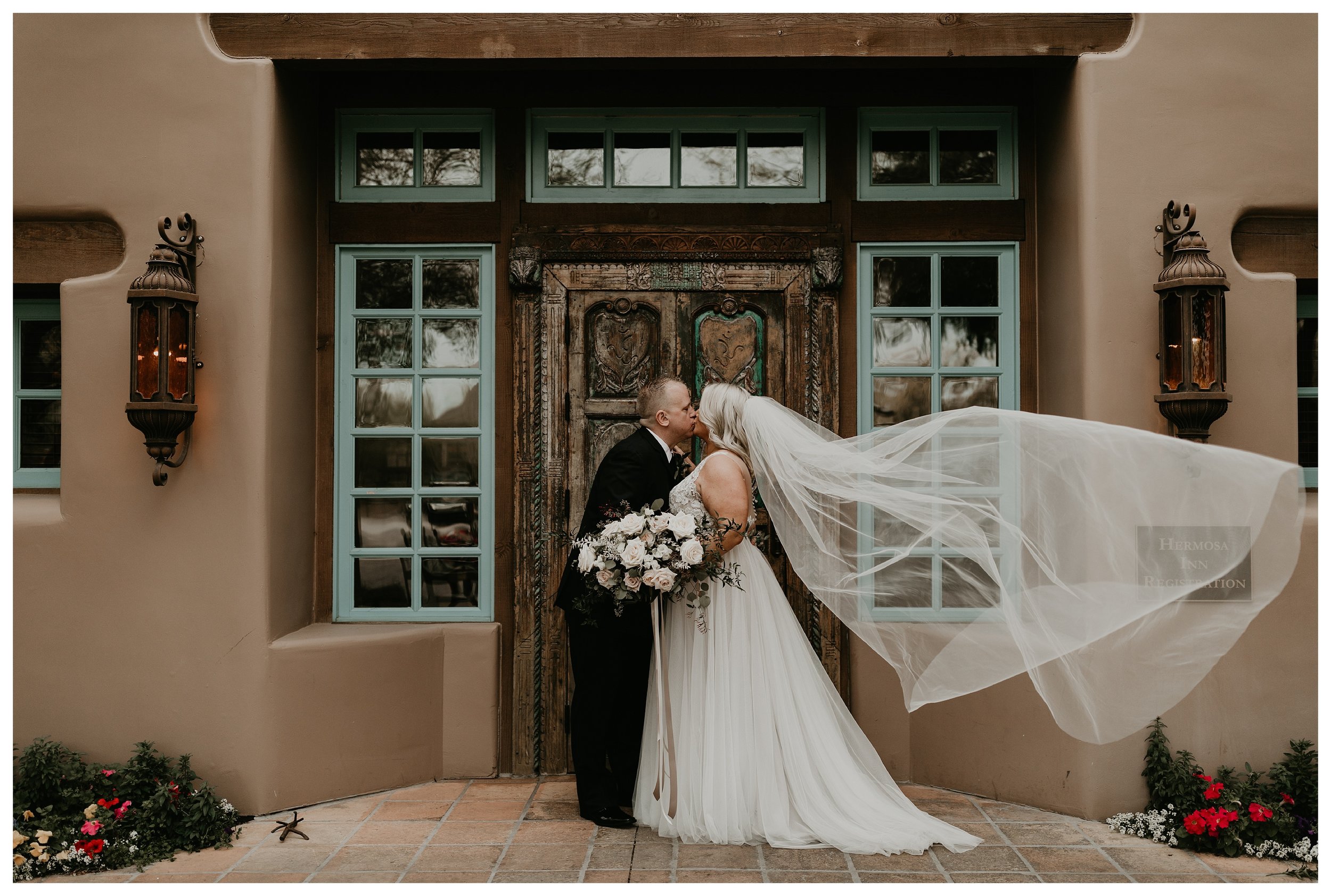 Bride and groom photos at Hermosa Inn in Arizona with long veil and white and greenery bouquet