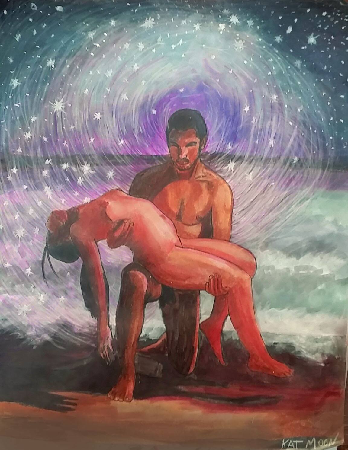 A man lifts a woman in his arms at the water’s edge as waves and a star-filled aura surround them in a dreamlike vision of long-awaited love and homecoming.