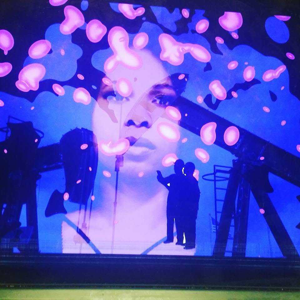 Installation still from If Water Could Talk showing a woman’s face layered with glowing pink and blue forms while silhouetted viewers stand within the projection.