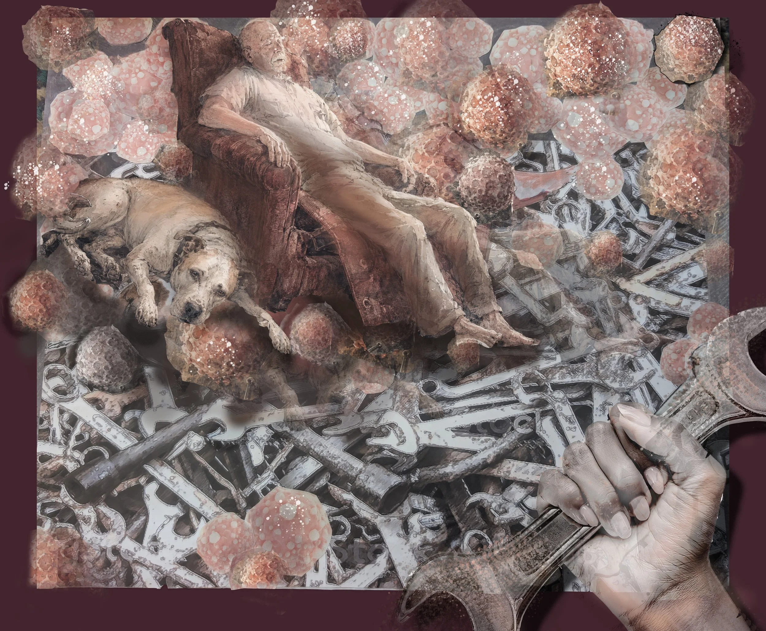 A layered digital composition shows an older man resting in a recliner beside his dog, surrounded by floating cancer cells, scattered tools, and a hand gripping a wrench.