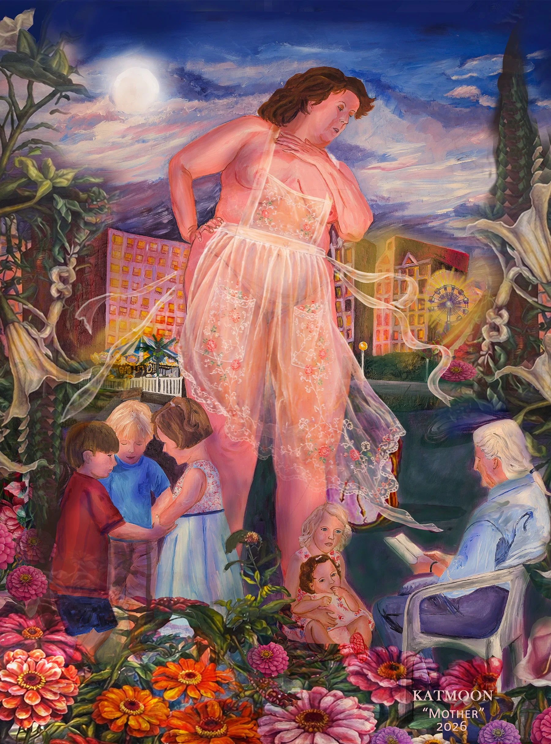 A woman wearing a lace apron stands above generations of family members in a dreamlike garden beneath a moonlit sky.