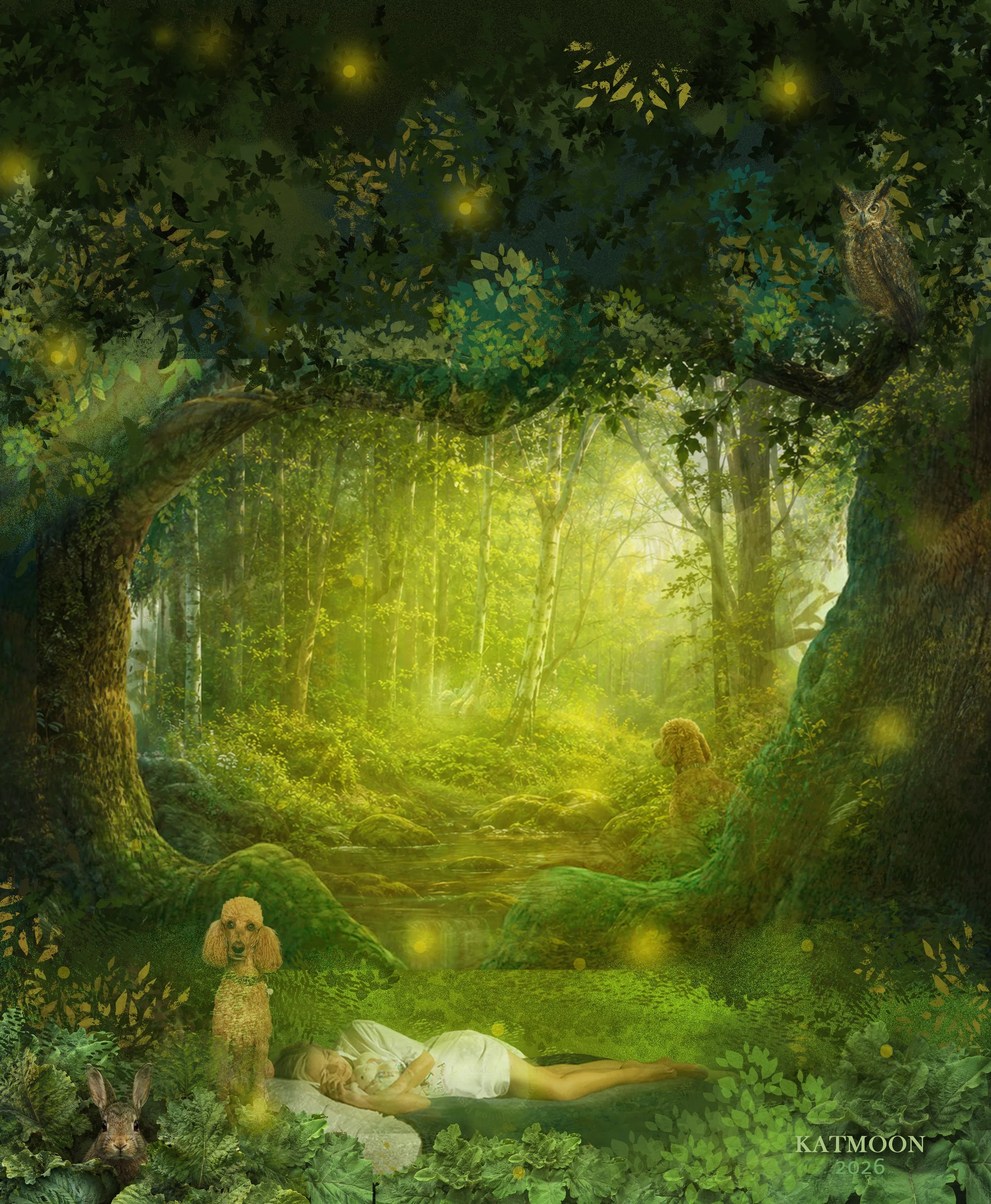 A woman lies resting on the forest floor beside a standard poodle in a glowing green woodland filled with fireflies and moss-covered trees.