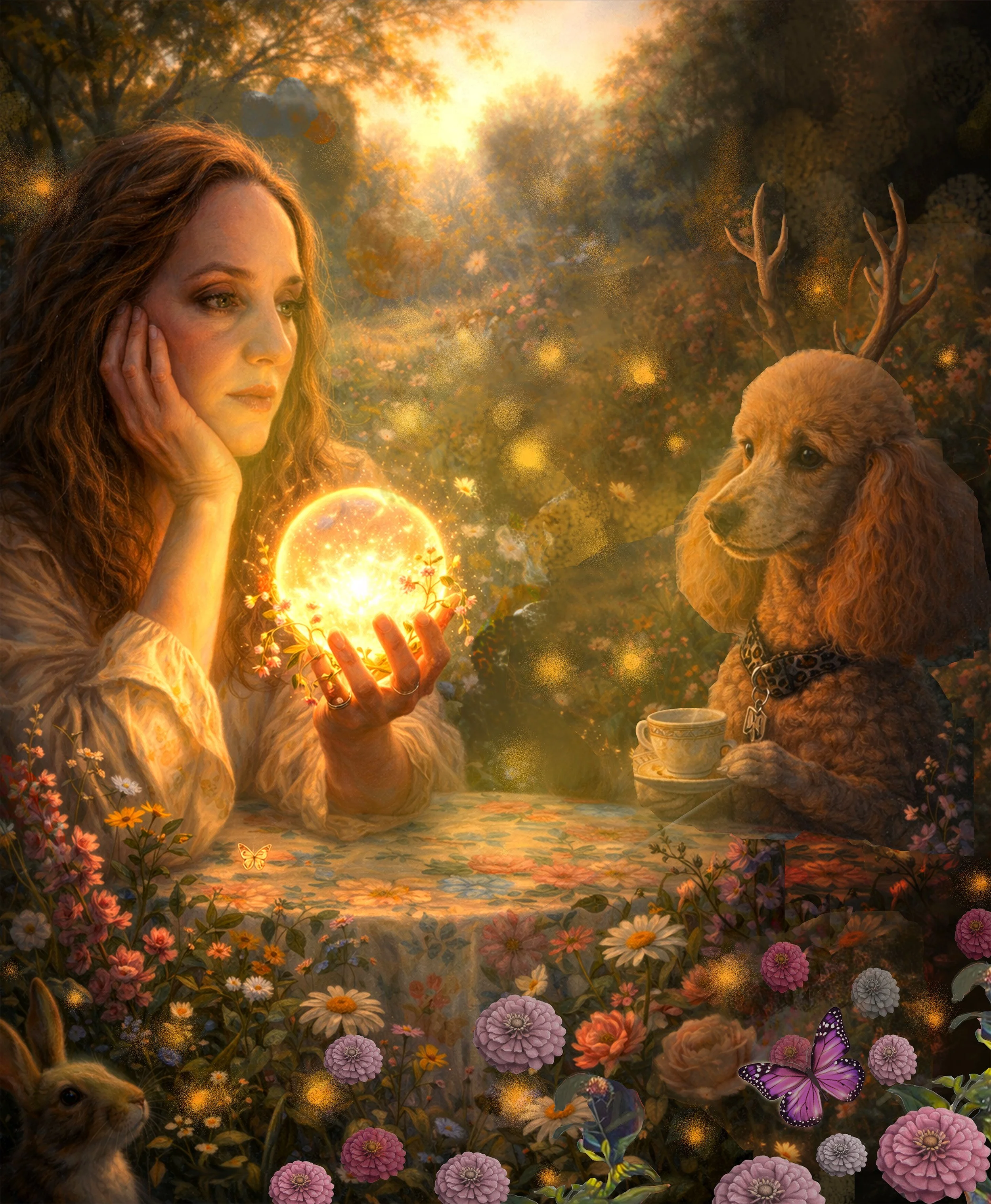 A woman holds a glowing orb while sitting across from a standard poodle at a flower-covered table in a dreamlike golden garden.