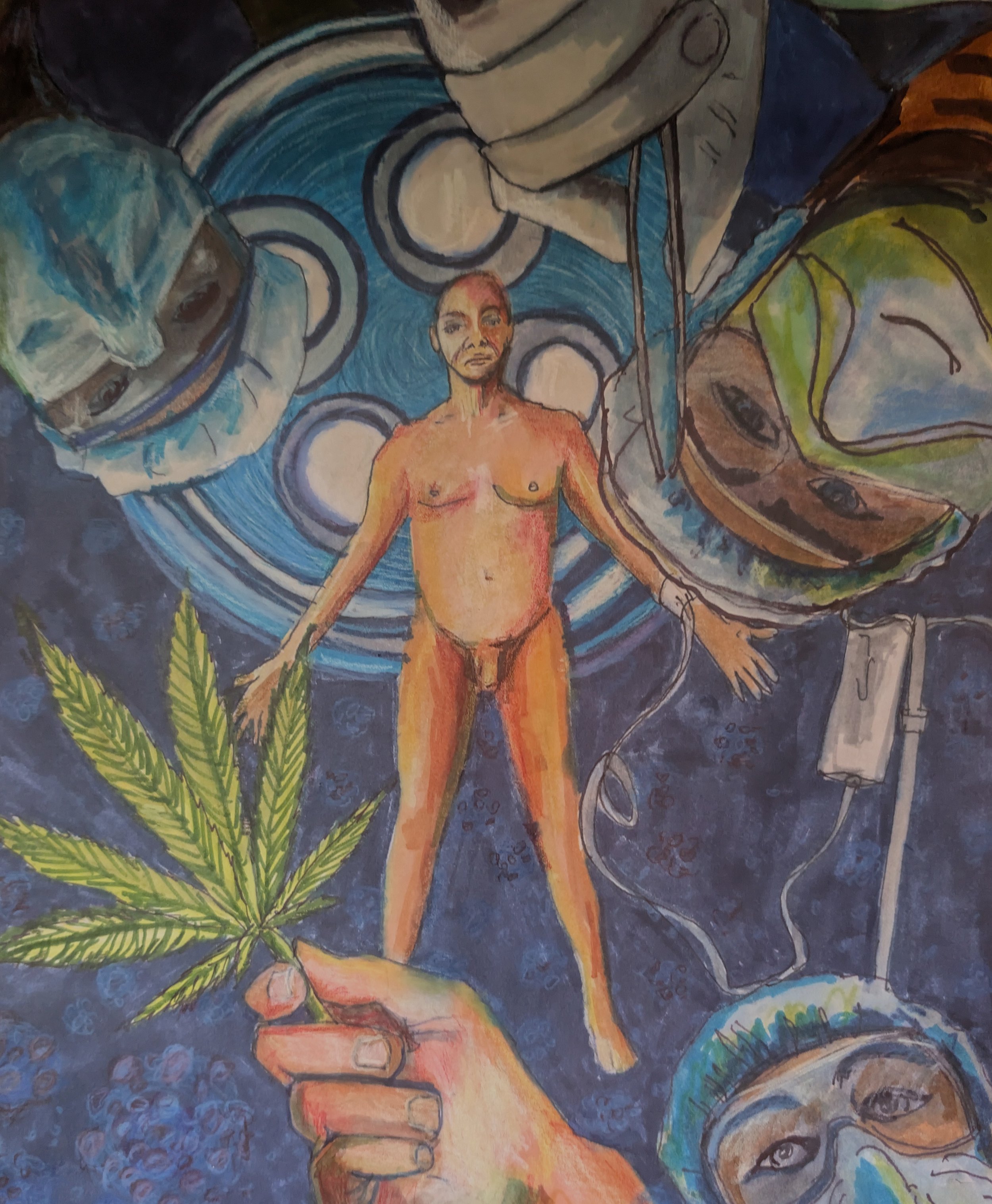 A male figure stands beneath surgeons and medical equipment while a hand holds a cannabis leaf in a symbolic image of illness, treatment, and medical cannabis.