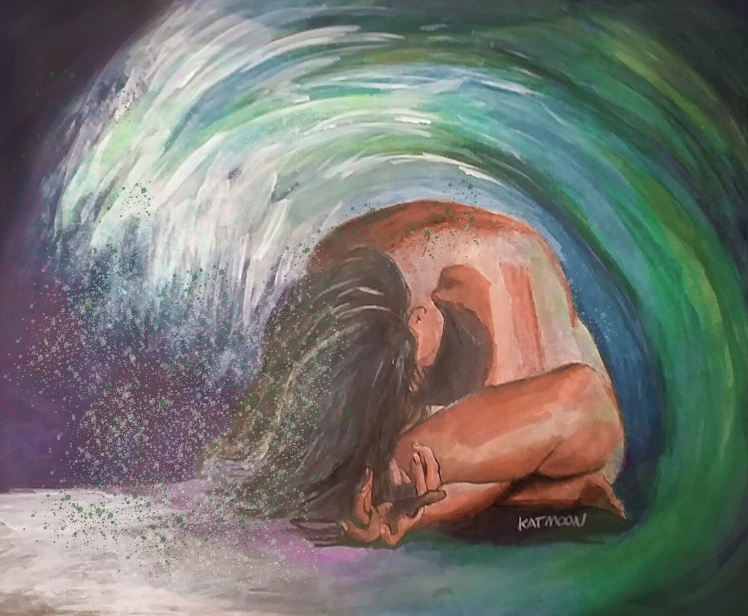 A nude woman curls inside a large green and turquoise ocean wave, holding herself as the water closes around her.