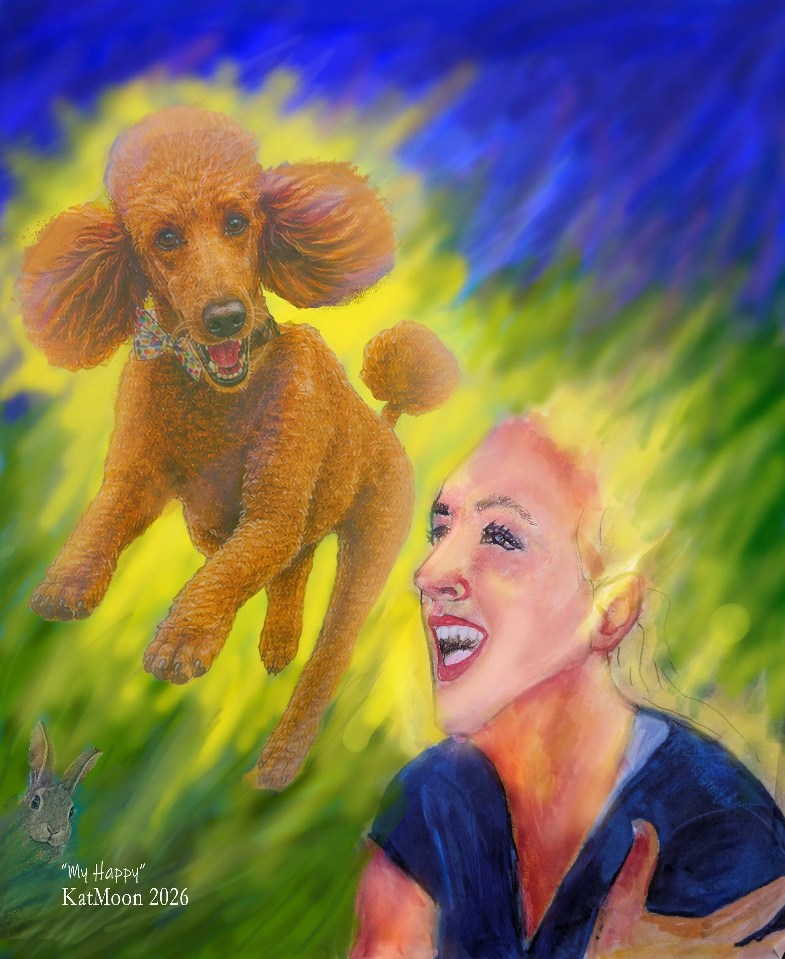 A smiling woman looks up at a joyful standard poodle leaping above her against a vivid blue, green, and yellow background.