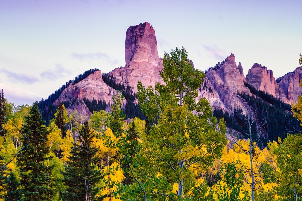  Chimney Rock among the fall leaves near Owl Creek Pass in the Cimmaron Mountain Range - Fuji XT2, XF 50-140mm f/2.8 @ 50mm 