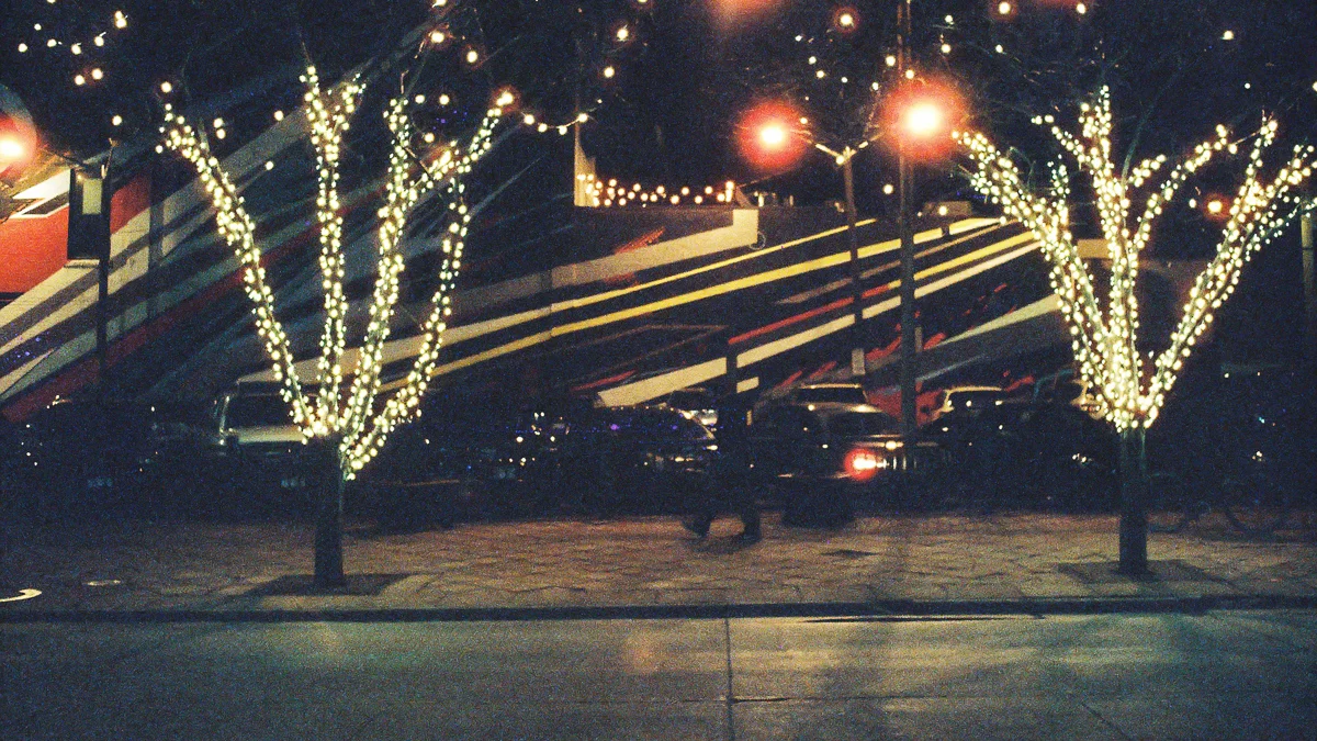 Lighted trees and wall art along 16th Street Mall