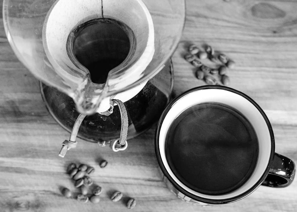 Day 33 - 365 Day B&W Photo Challenge - Cup of coffee via Chemex Pour Over - Fuji XT-3, XF35mm f/2, Acros R Film Simulation