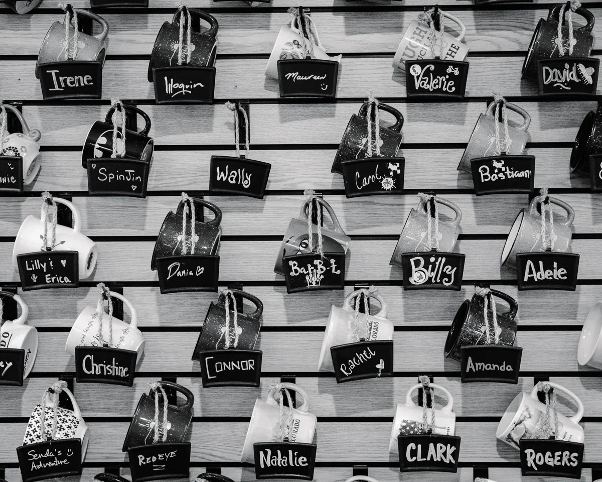 Day 37 - 365 Day B&W Photo Challenge - Wall of Cups - Fuji XT-3, XF35mm f/2, Acros R Film Simulation