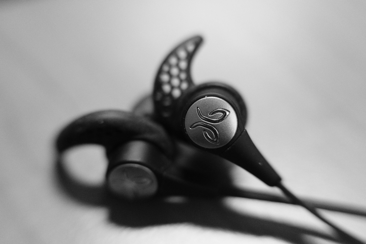 Day 49 - 365 Day B&W Photo Challenge - Macro of the Jaybird Logo on the X3 earbuds, Fuji XT-3, 35mm f/2 , MCEX-11 Extension Tube, Acros R Film Simulation,