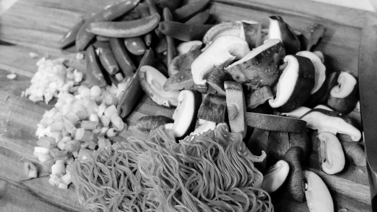 Day 62- 365 Day B&W Photo Challenge - Cleaning out the fridge I found these ingredients, snap peas, green onions, garlic, shitake mushrooms along with some gluten free ramen noodles that made for a nice Ramen bowl - Fuji XT2, XF 35mm f/2, Acros R Film Simulation