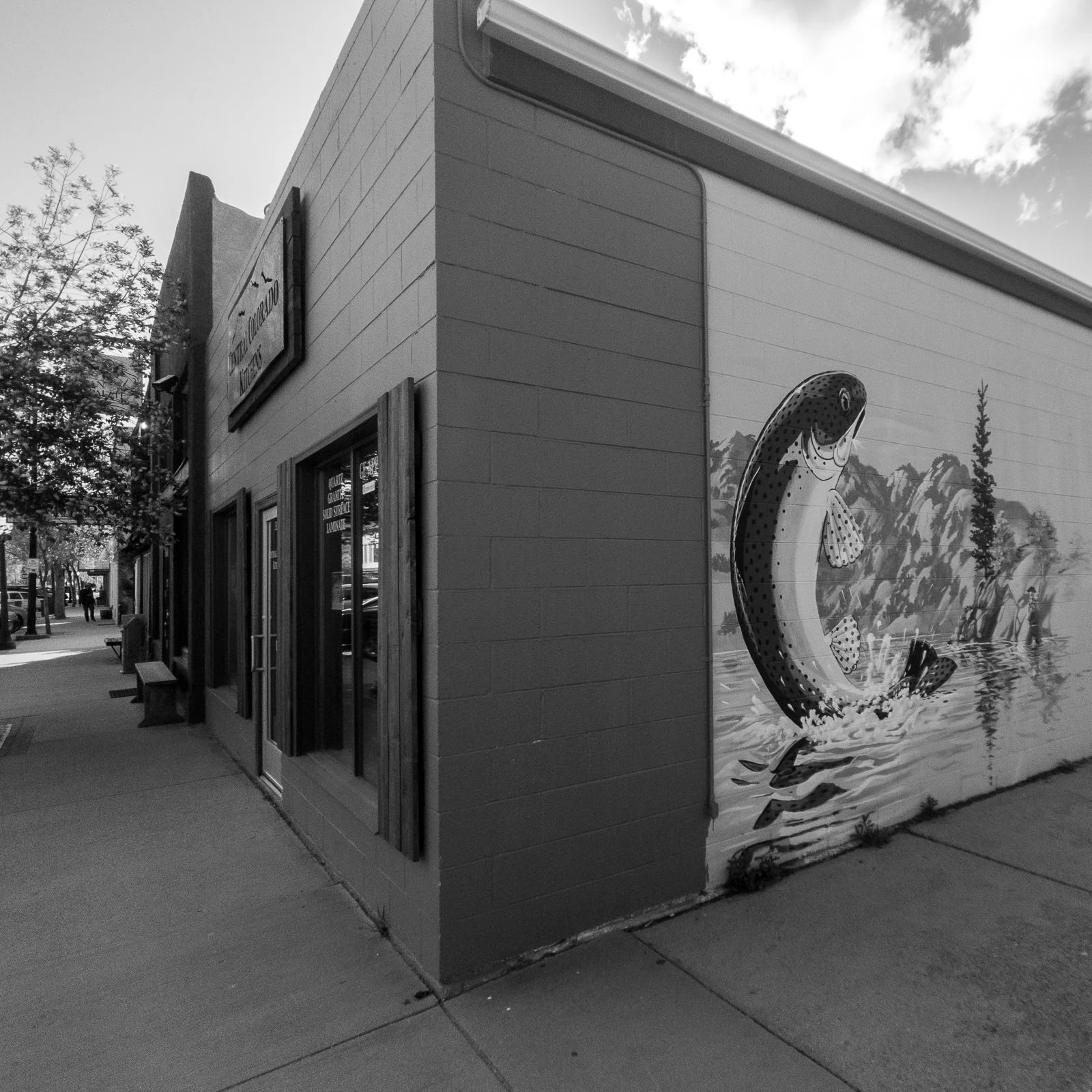 Day 152- 365 Day B&W Photo Challenge - Fishing is one of the great activities in the Arkansas River Valley highlighted with this street art in Buena Visat, Colorado - Google Pixel 3, Moment Tele Lens - Acros R Film Simulation