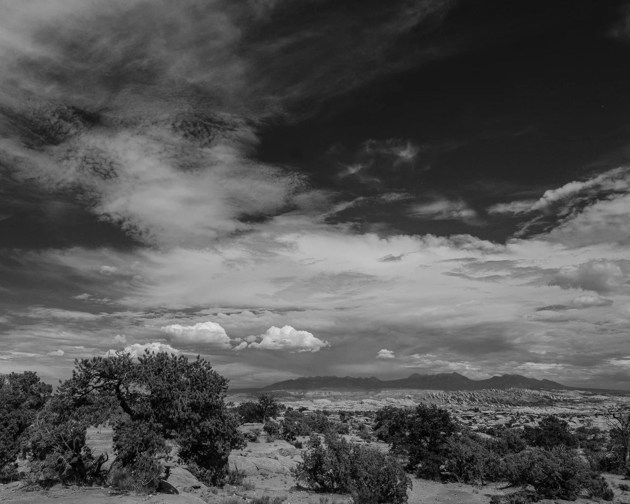 Day 214 - 365 Day B&W Photo Challenge - The late afternoon storm clouds beging to form over the desert. - Fuji X-T3, XF 14mm f/2.8, Acros R Film Simulation