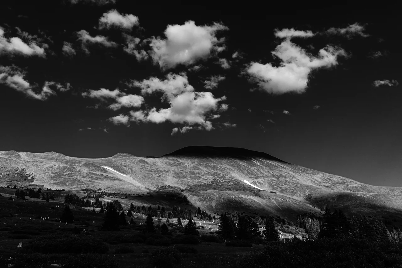 Day 233 - 365 Day B&W Photo Challenge - The contrast on Boreas Mountain of the afternoon light hitting the peak and the cloud covered shadows. - Fuji X-T3, XF 23mm f/2, Acros R Film Simulation
