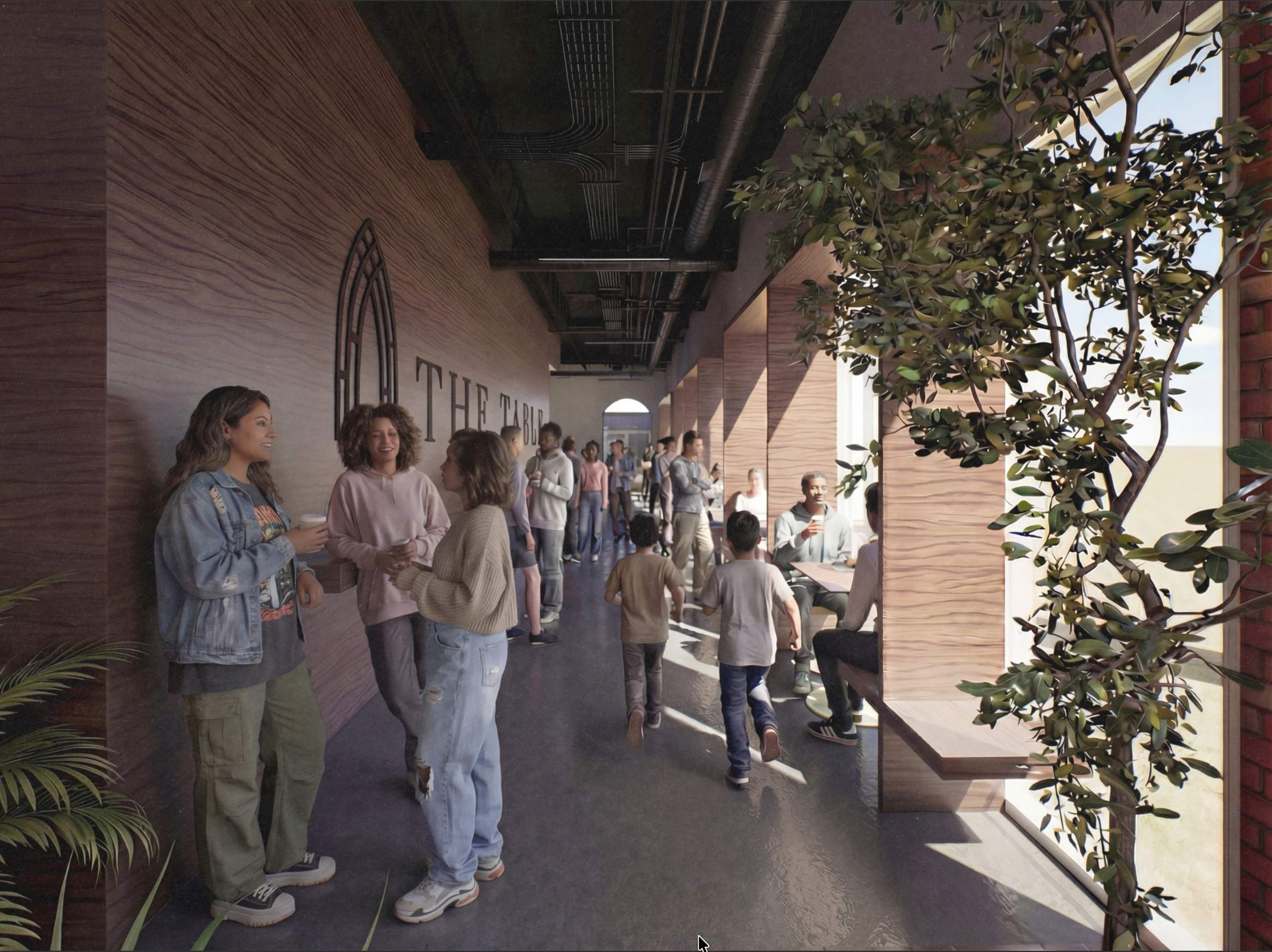 Group of people socializing inside a modern space with wooden and brick walls, plants, and large windows.